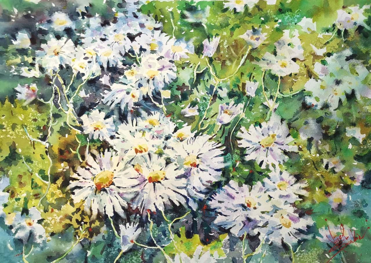 original watercolor painting of white chamomile flowers in a green summer garden by Yael Natali