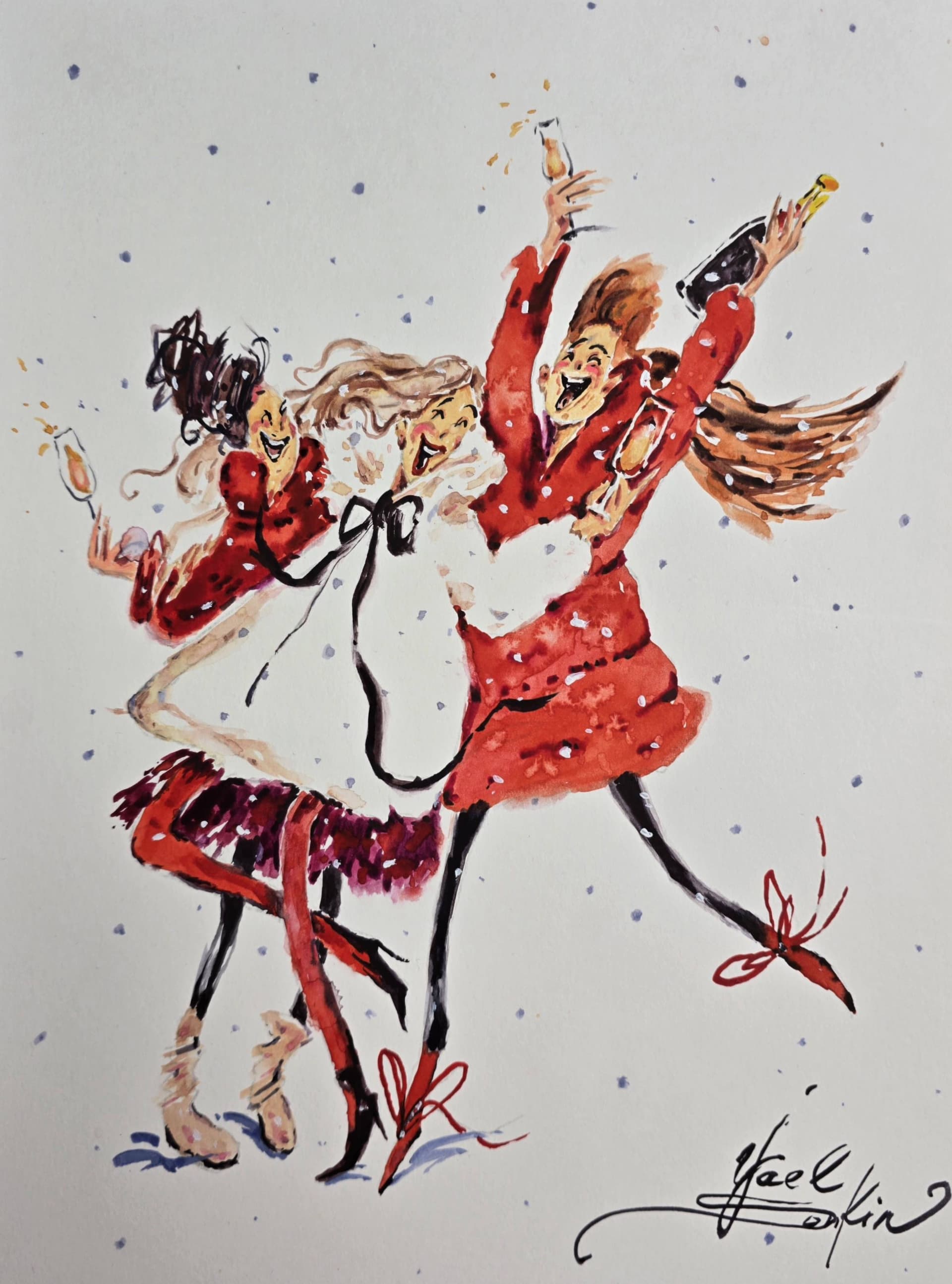 Christmas celebration watercolor painting of dancing women raising glasses, festive holiday art