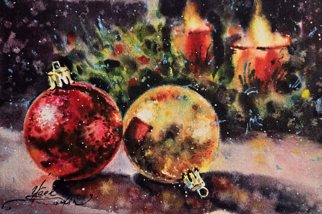 Christmas ornaments watercolor painting, red and gold holiday decor art, winter festive illustration