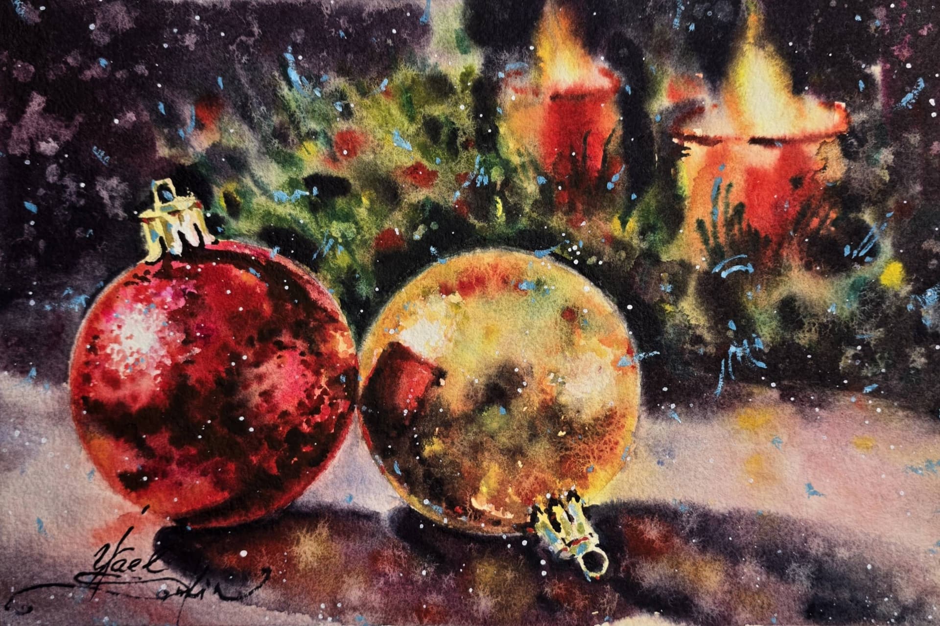 Christmas ornaments watercolor painting, red and gold holiday decor art, winter festive illustration