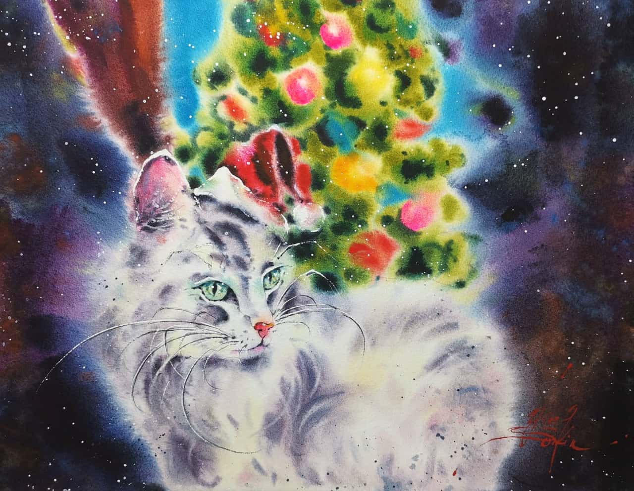 Original Watercolor White Cat Painting - Christmas Tree Holiday Wall Art