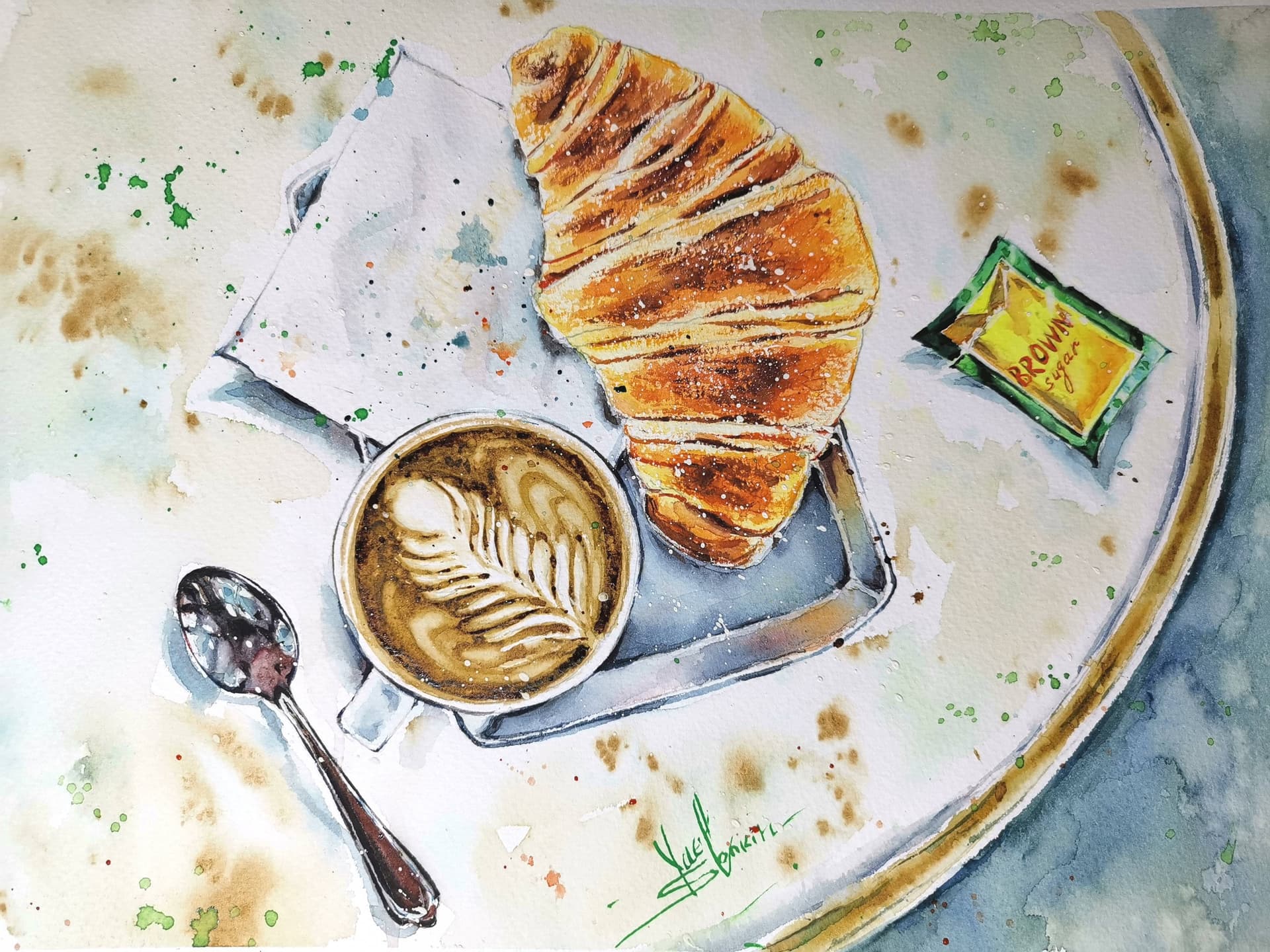 original watercolor painting of coffee and croissant breakfast, cappuccino with latte art and pastry still life, handmade kitchen wall art décor, 10x14 inches by Yael Natali.
