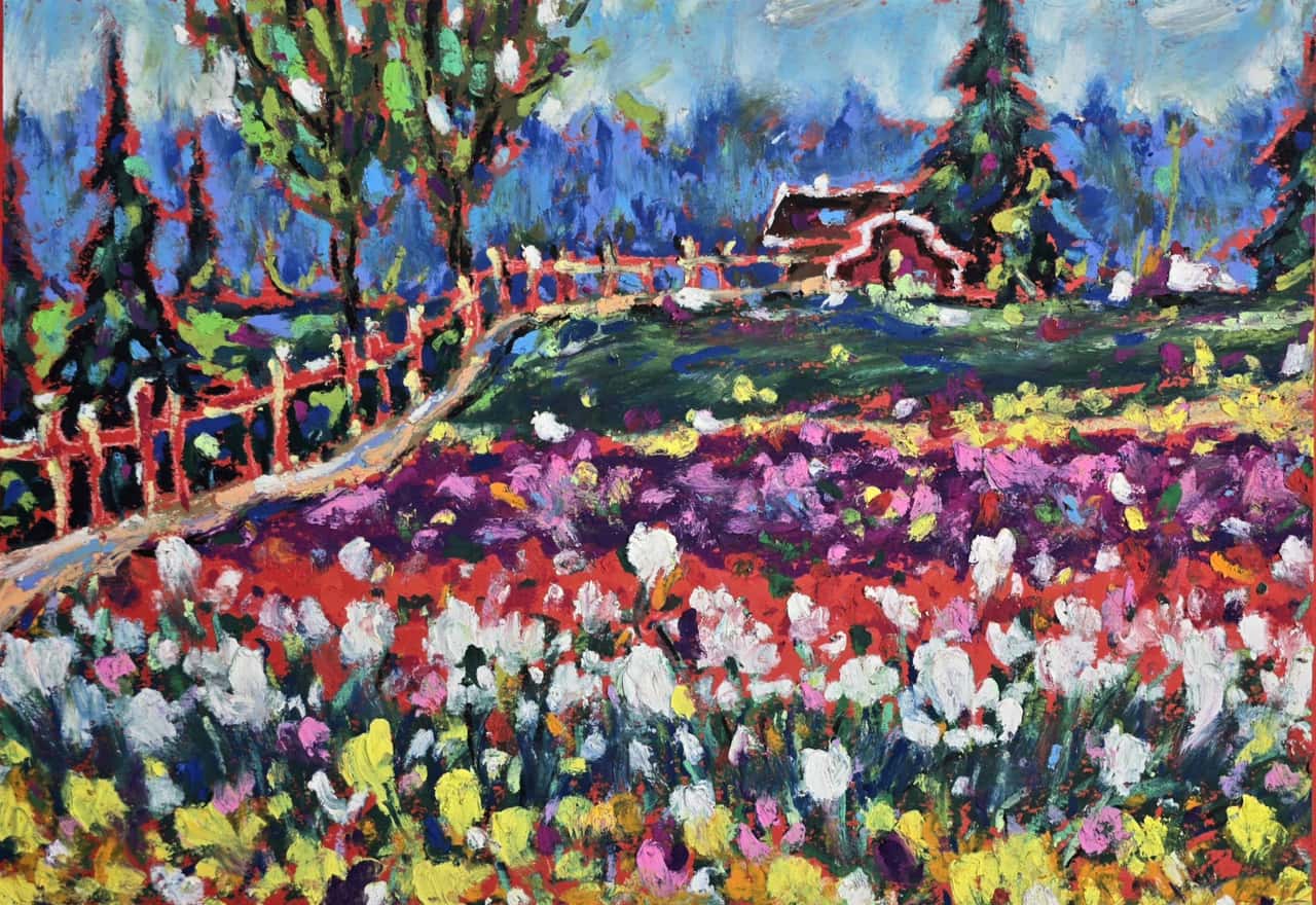 Original Tulip Festival Landscape Oil Pastel Painting - Floral Wall Art