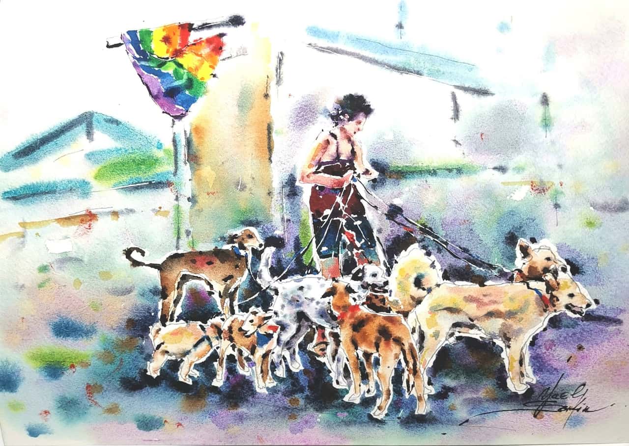 Dogs painting Original watercolor painting
