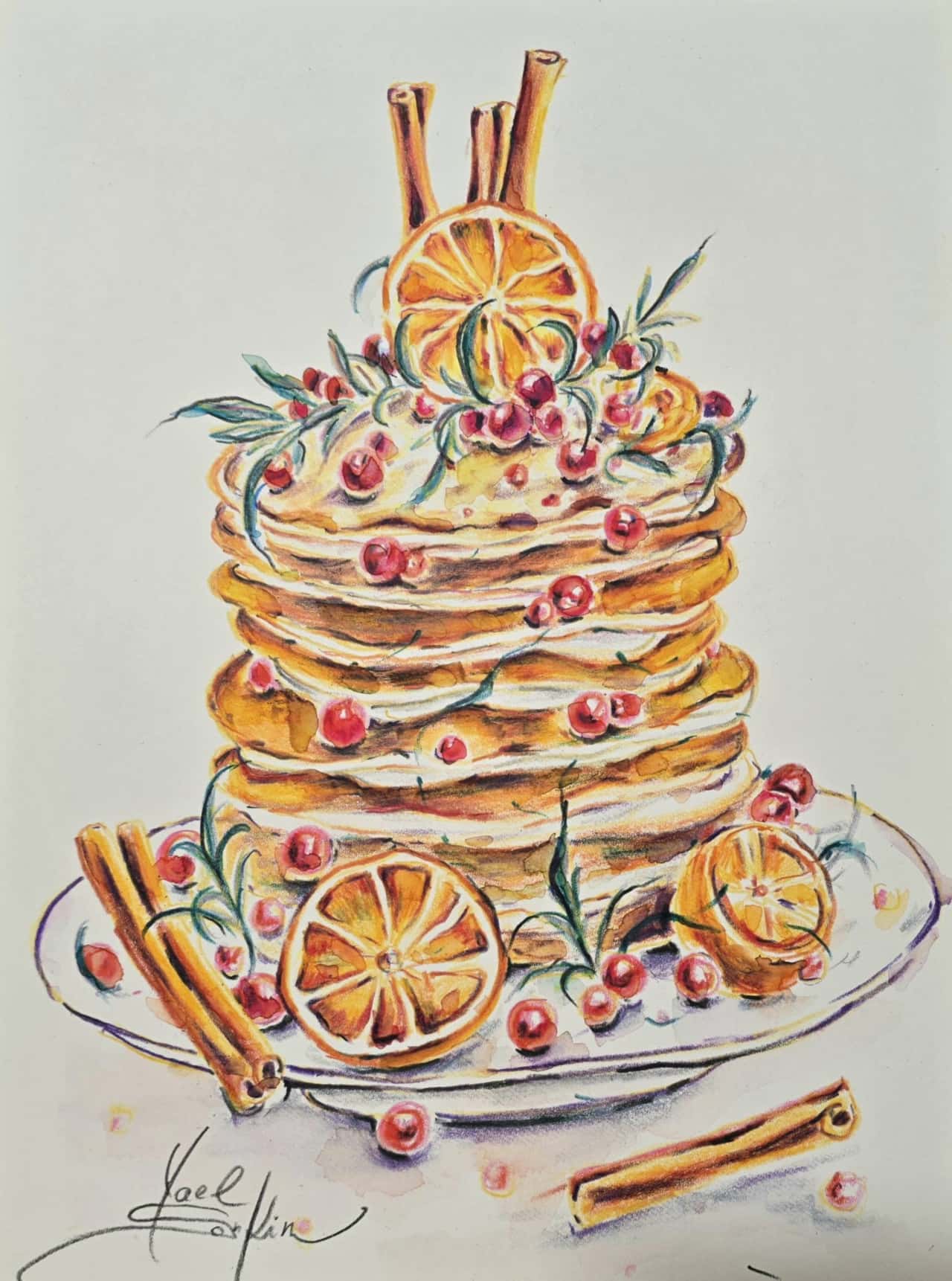 Original Watercolor Pancakes Still Life Drawing - Kitchen Wall Art Decor
