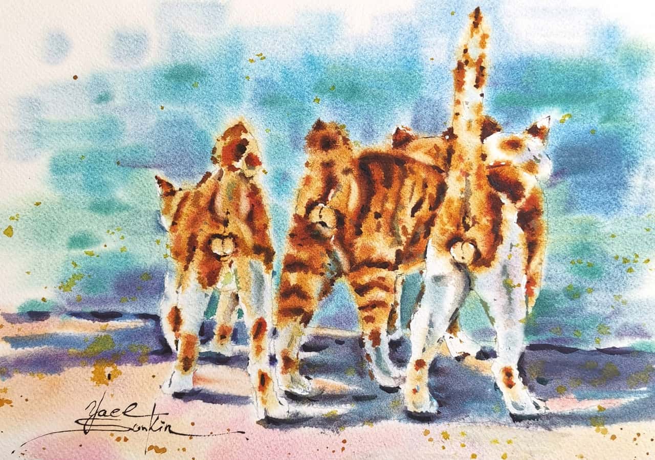 Original Watercolor Orange Cats Painting - Animal Wall Art