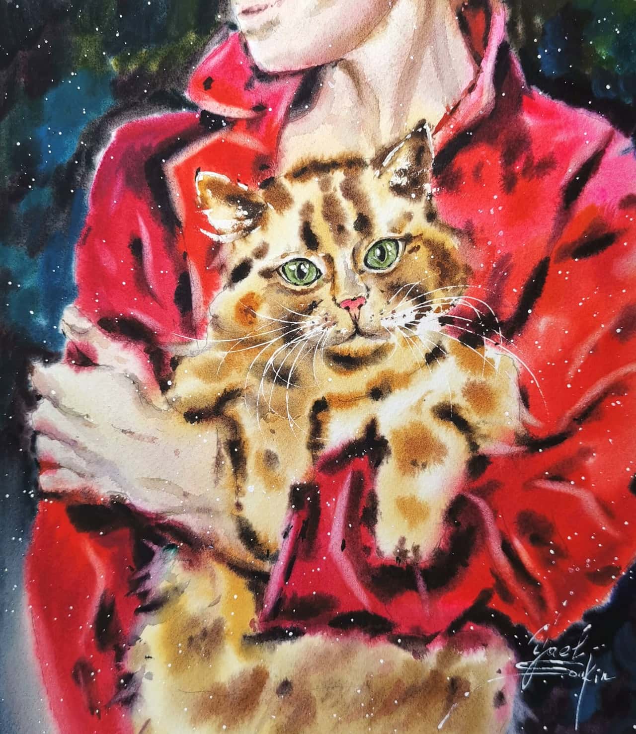 Original Watercolor Fluffy Ginger Cat Painting - Friendship Wall Art