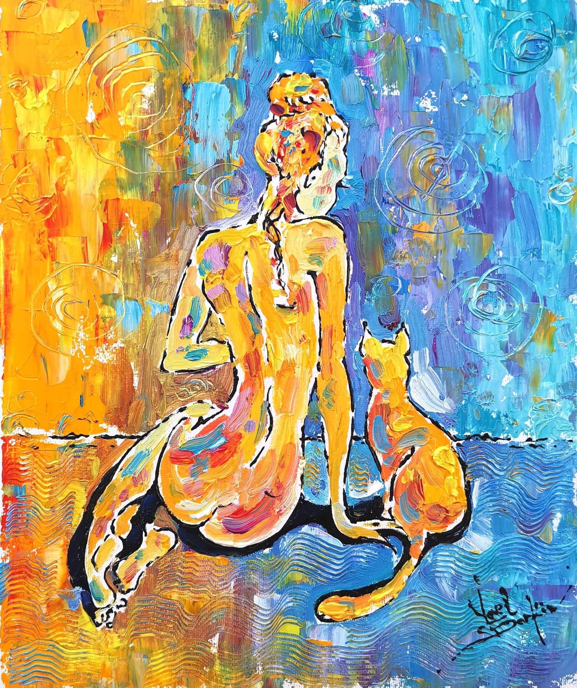 vibrant oil on canvas artwork of a female figure with cat, orange and blue palette, modern textured art