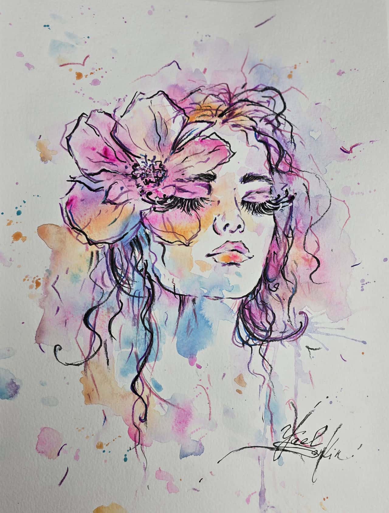 Original Watercolor Female Portrait with Flowers Painting