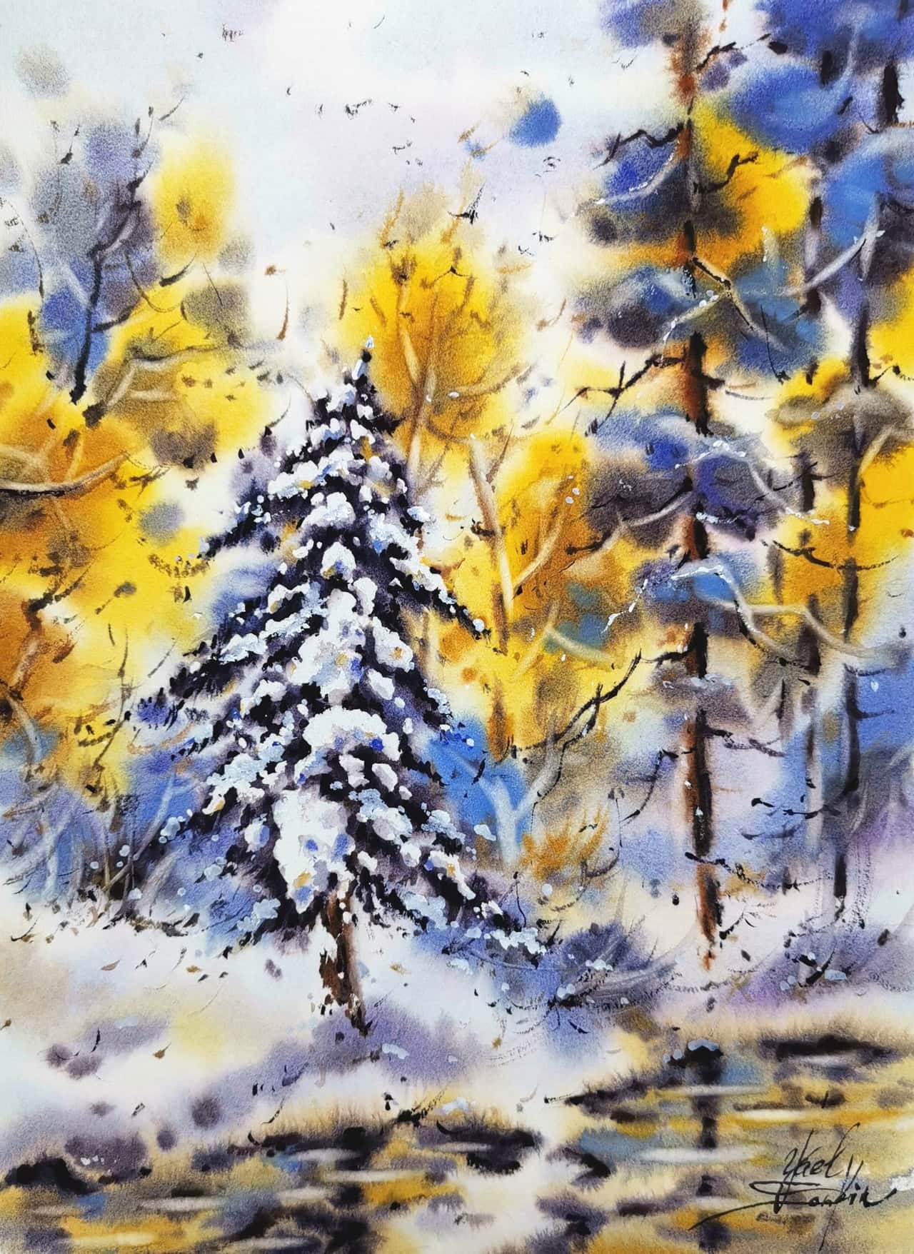 Winter Forest Landscape Watercolor Painting - Snowy Pine Tree Wall Art