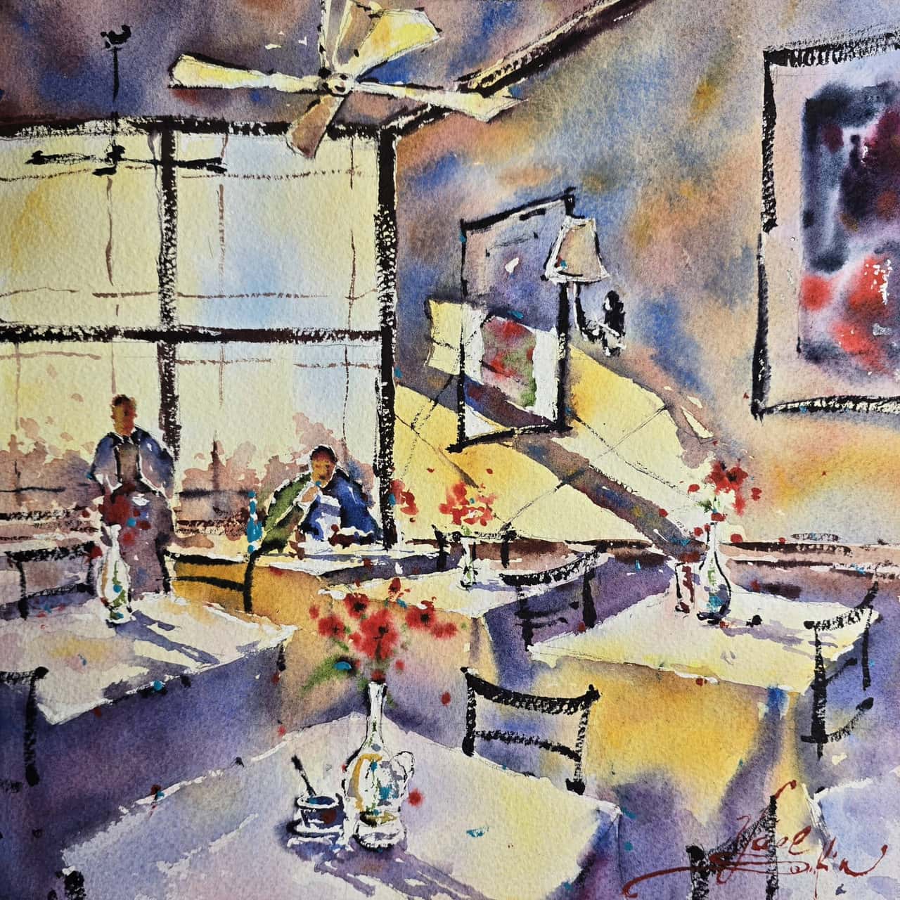 Original Watercolor Restaurant Interior Painting - Lunchtime Atmosphere Wall Art
