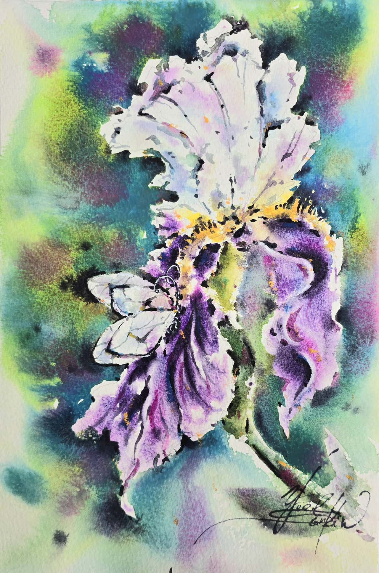 Purple Iris with Butterfly - Original Watercolor Floral Painting