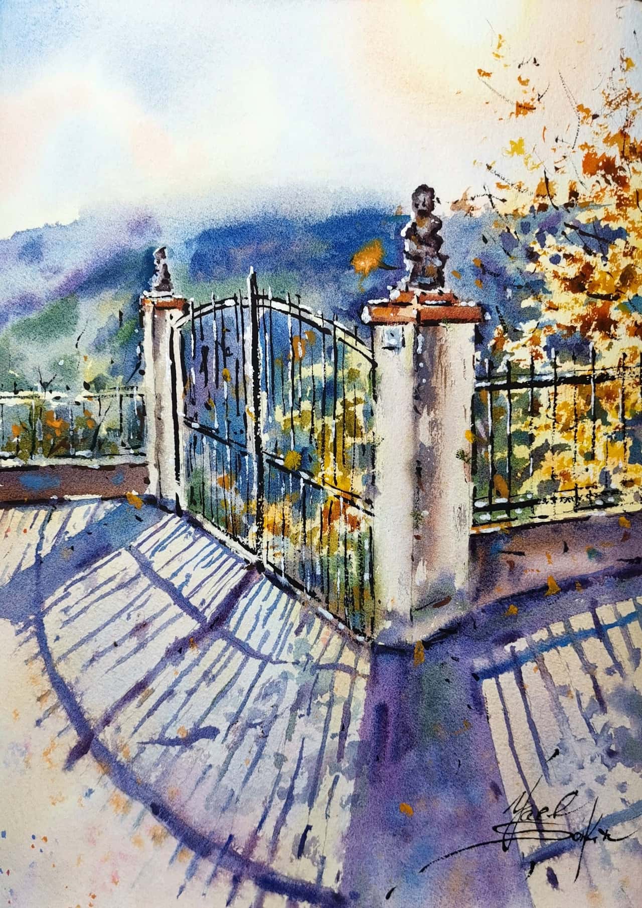 Original watercolor painting “Italian Garden Gate. Imperia” by Yael Natali — Italian mountain landscape featuring an elegant wrought-iron gate, stone pillars, and statues in warm sunlight. The scene overlooks the hills of Imperia, Italy, with long shadows and golden foliage capturing the Mediterranean atmosphere. Fine art watercolor of Italian architecture, mountains, and garden view, perfect for lovers of Italy landscape and travel art