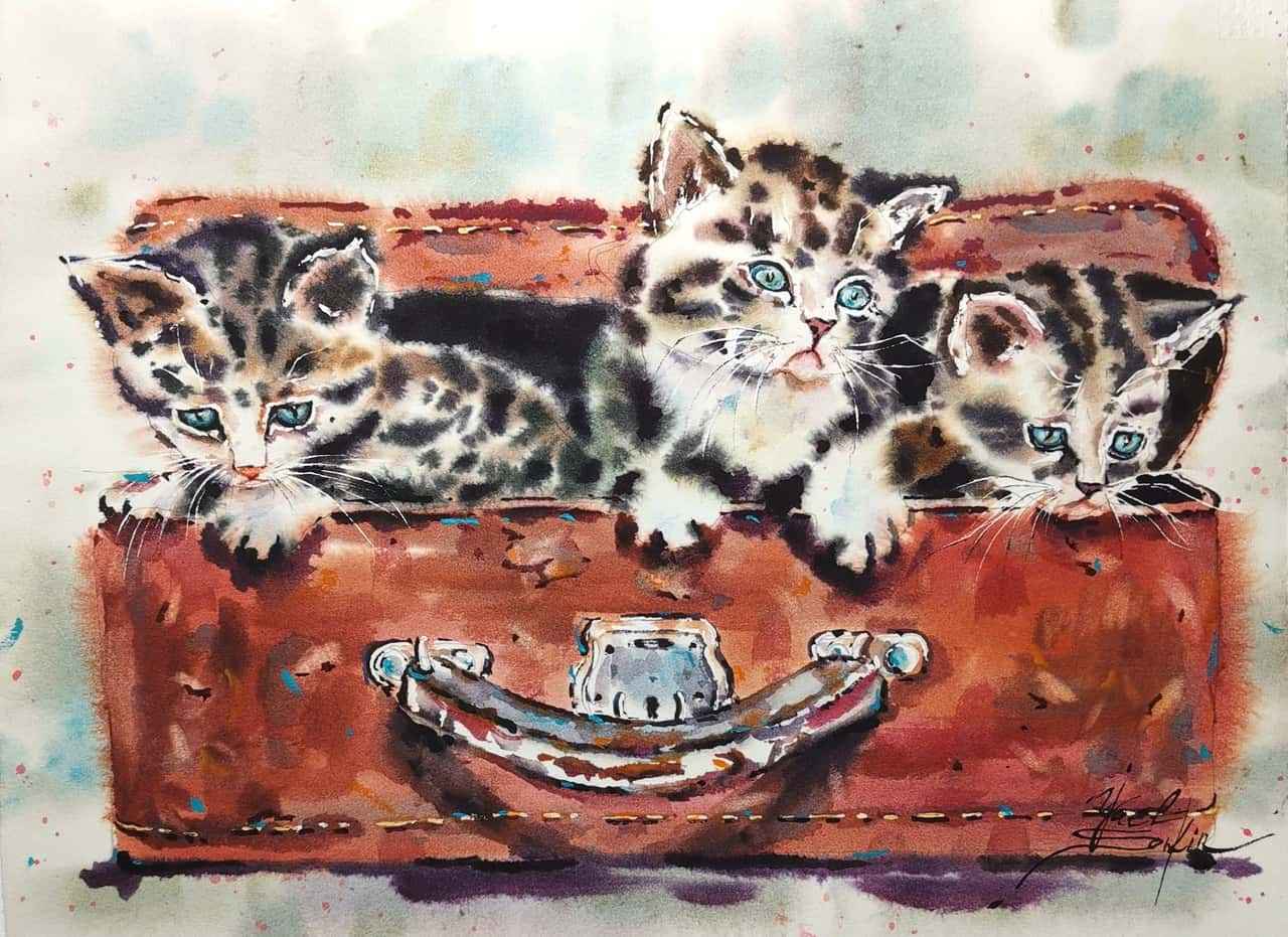 Kitten original watercolor painting Fluffy kittens artwork
