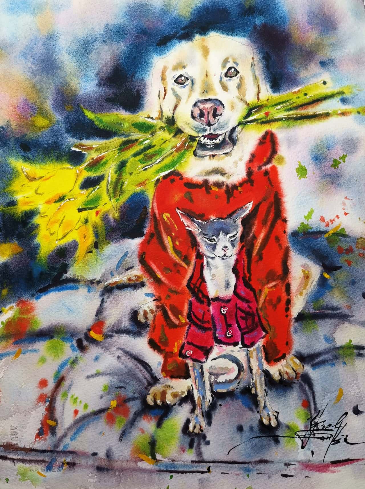 Original Watercolor Painting Labrador and Sphynx Cat - Animal Friendship Wall Art