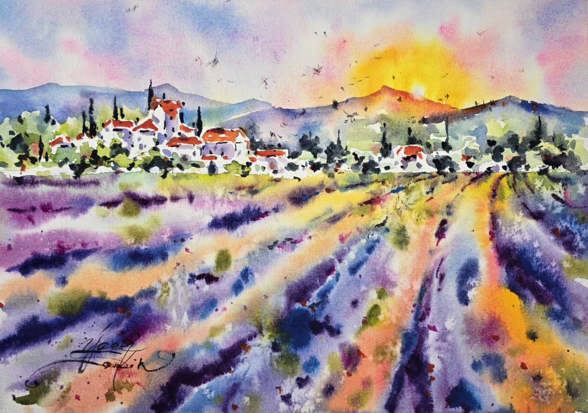 Watercolor painting of lavender fields in Provence by Yael Natali — vibrant purple and yellow sunset over a village with red roofs and distant mountains, impressionistic landscape art capturing the charm of southern France