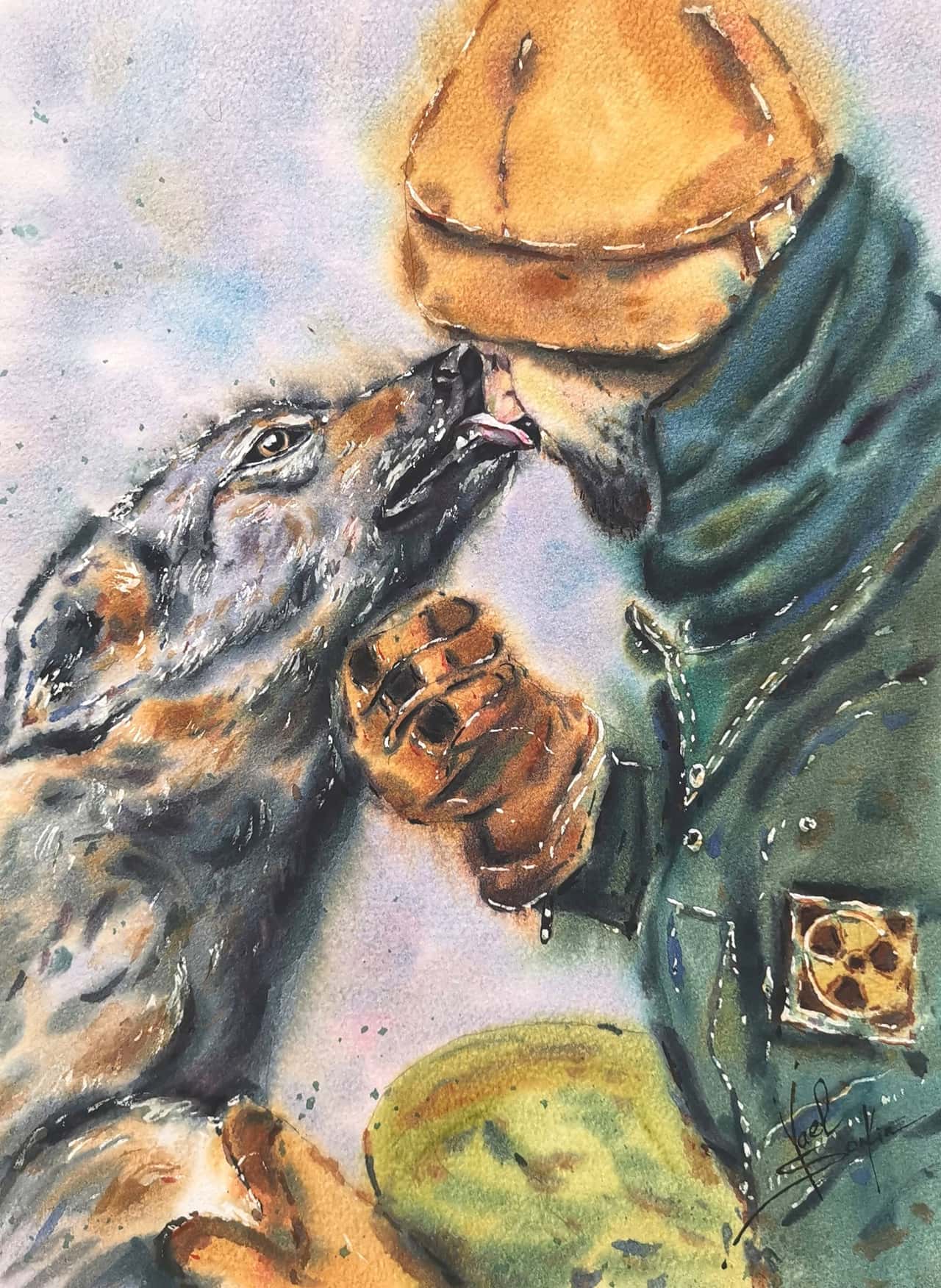 Original Watercolor Painting of Man and Dog - Friendship Wall Art