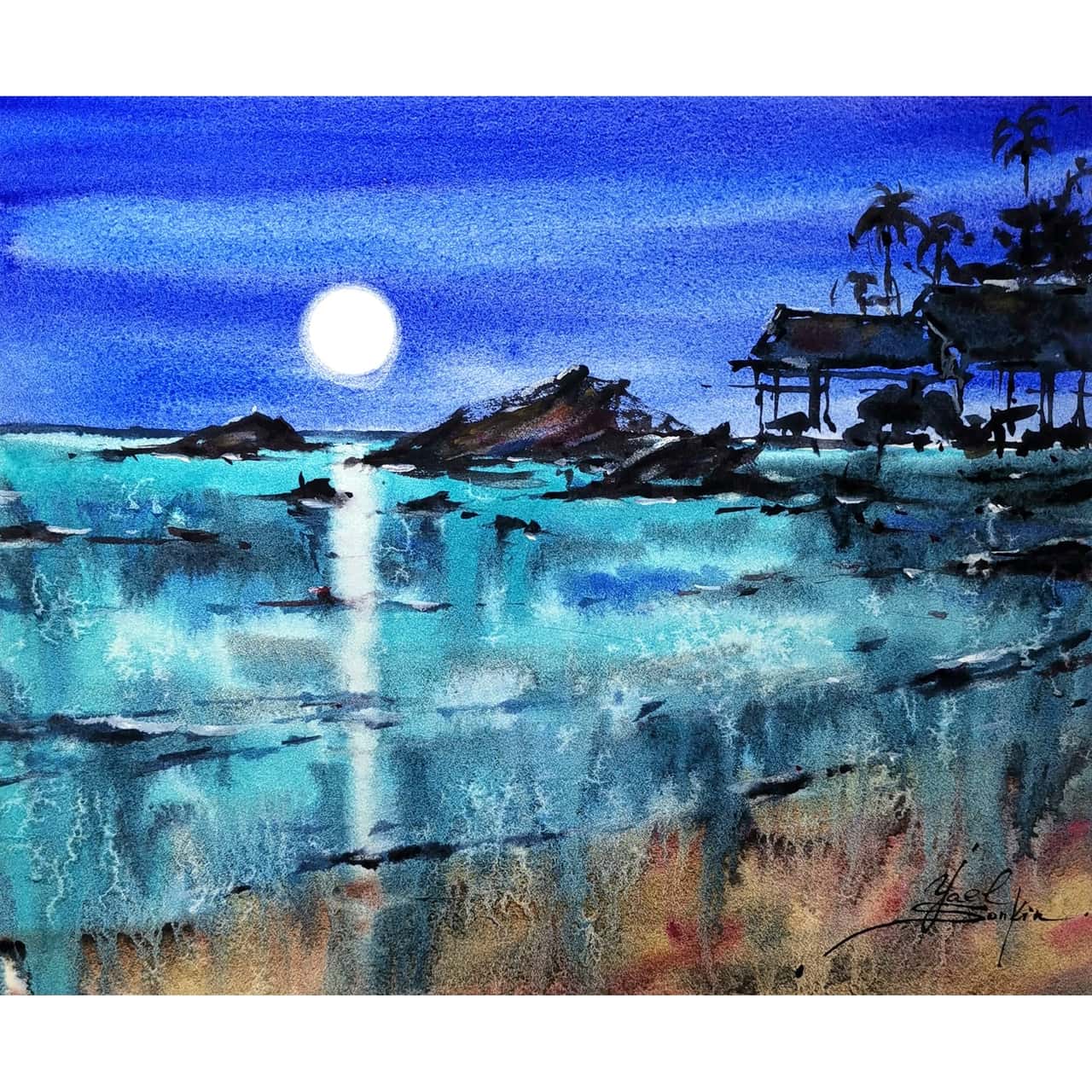 Original Watercolor Thailand Beach Village Painting - Tropical Seascape Wall Art