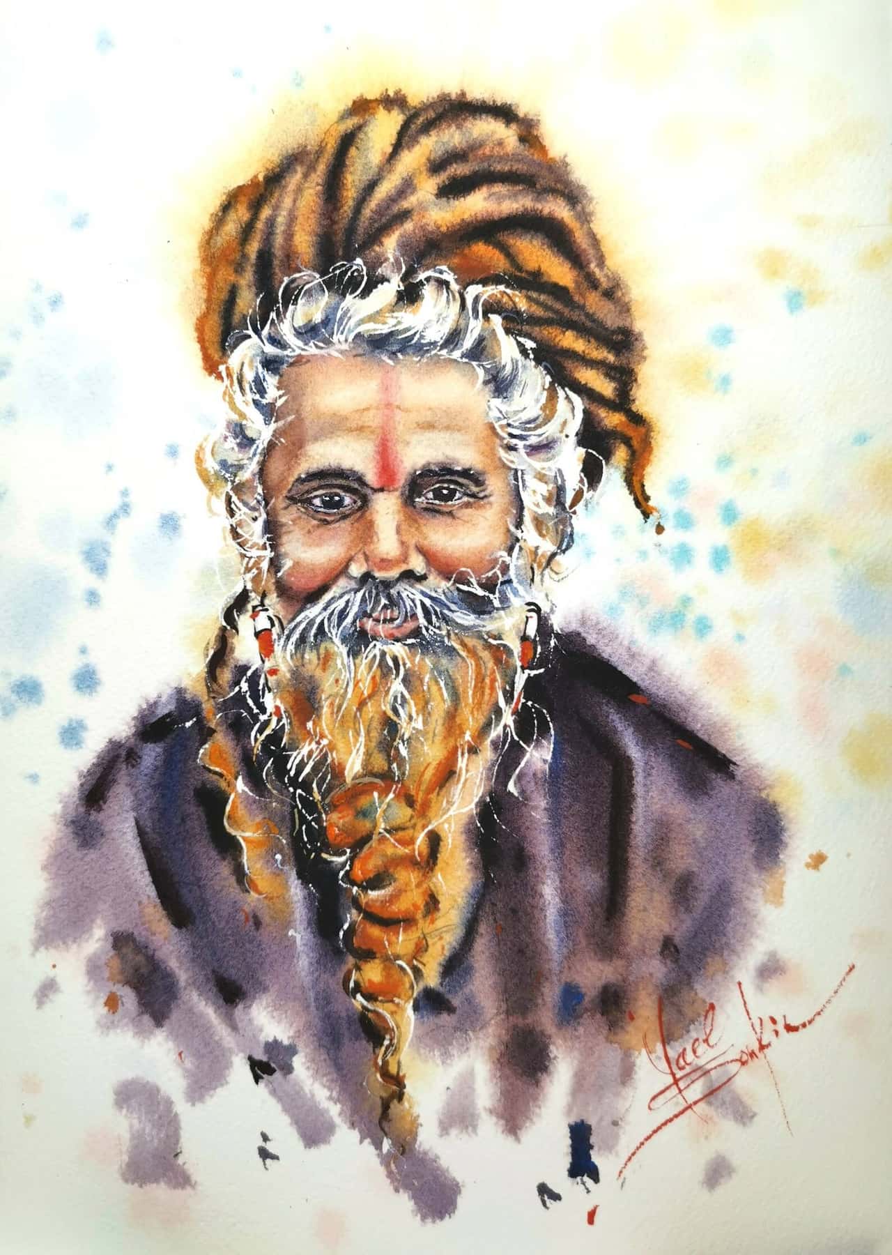 Original Watercolor Ethnic Indian Sadhu Portrait Painitng - Spiritual Indian Art