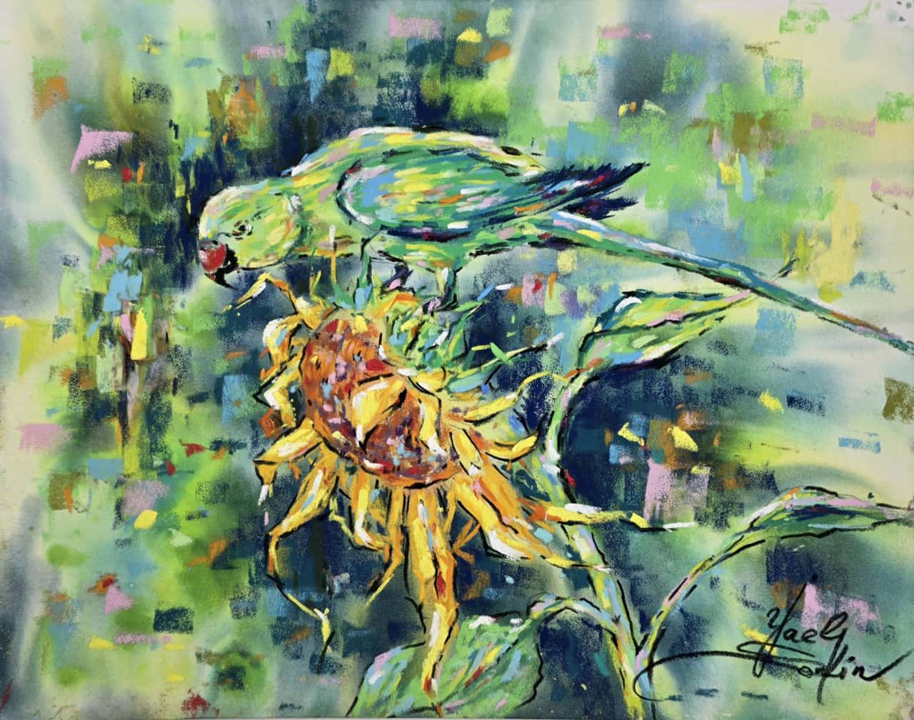 Parrot and Sunflower Mixed Media Painting, Original Watercolor and Pastel Wall Art