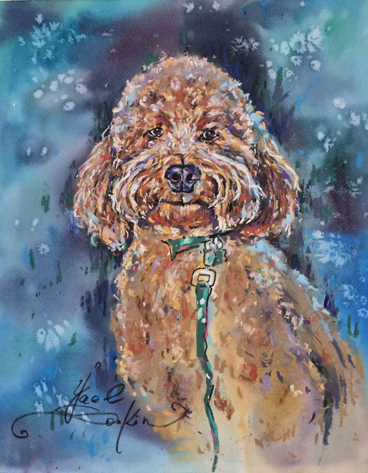 Original Peach Poodle Dog Mixed Media Painting - Dog Portrait Wall Art