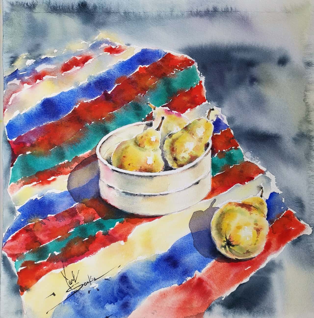 Original Watercolor Pears Painting - Fruit Still Life Wall Art - Kitchen Wall Decor