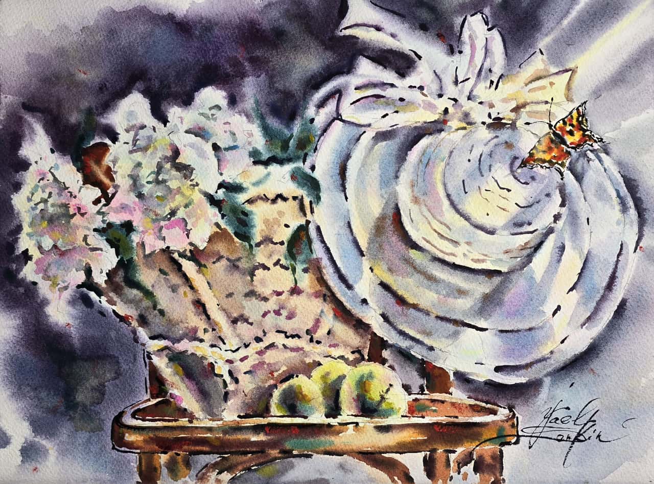 Original Watercolor Still Life with Peonies & Butterfly Painting