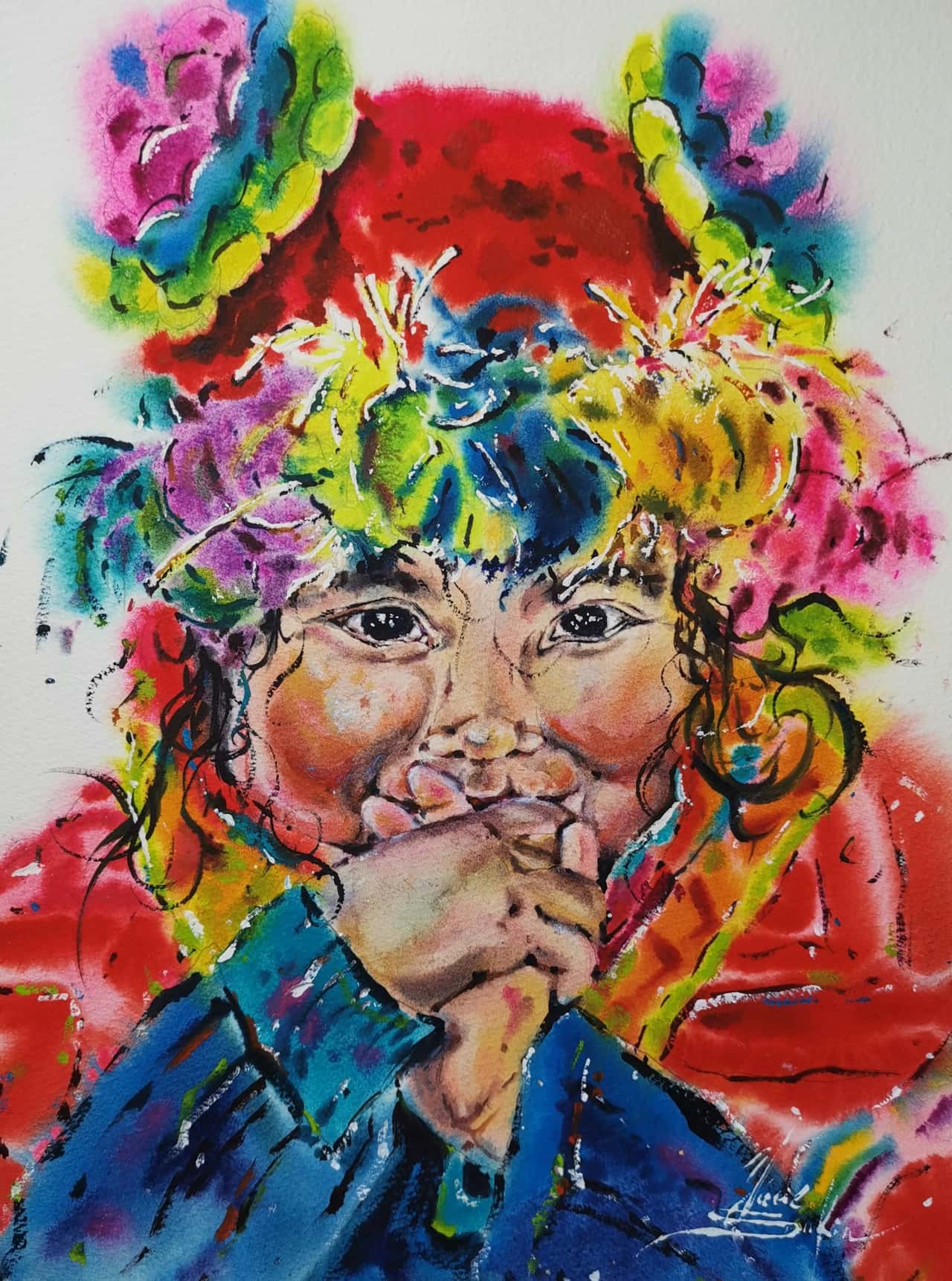 Original Watercolor Painting of Peruvian Child - Colorful Portrait Wall Art