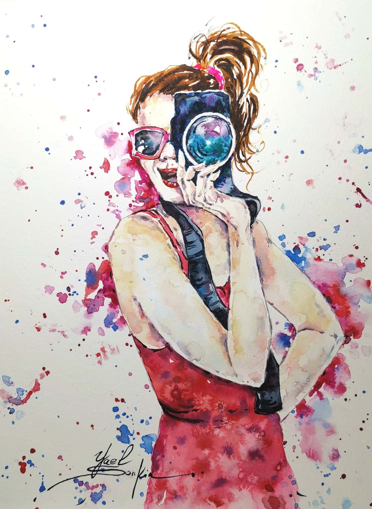 Original Watercolor Girl Photographer Painting - Modern Fashion Wall Art