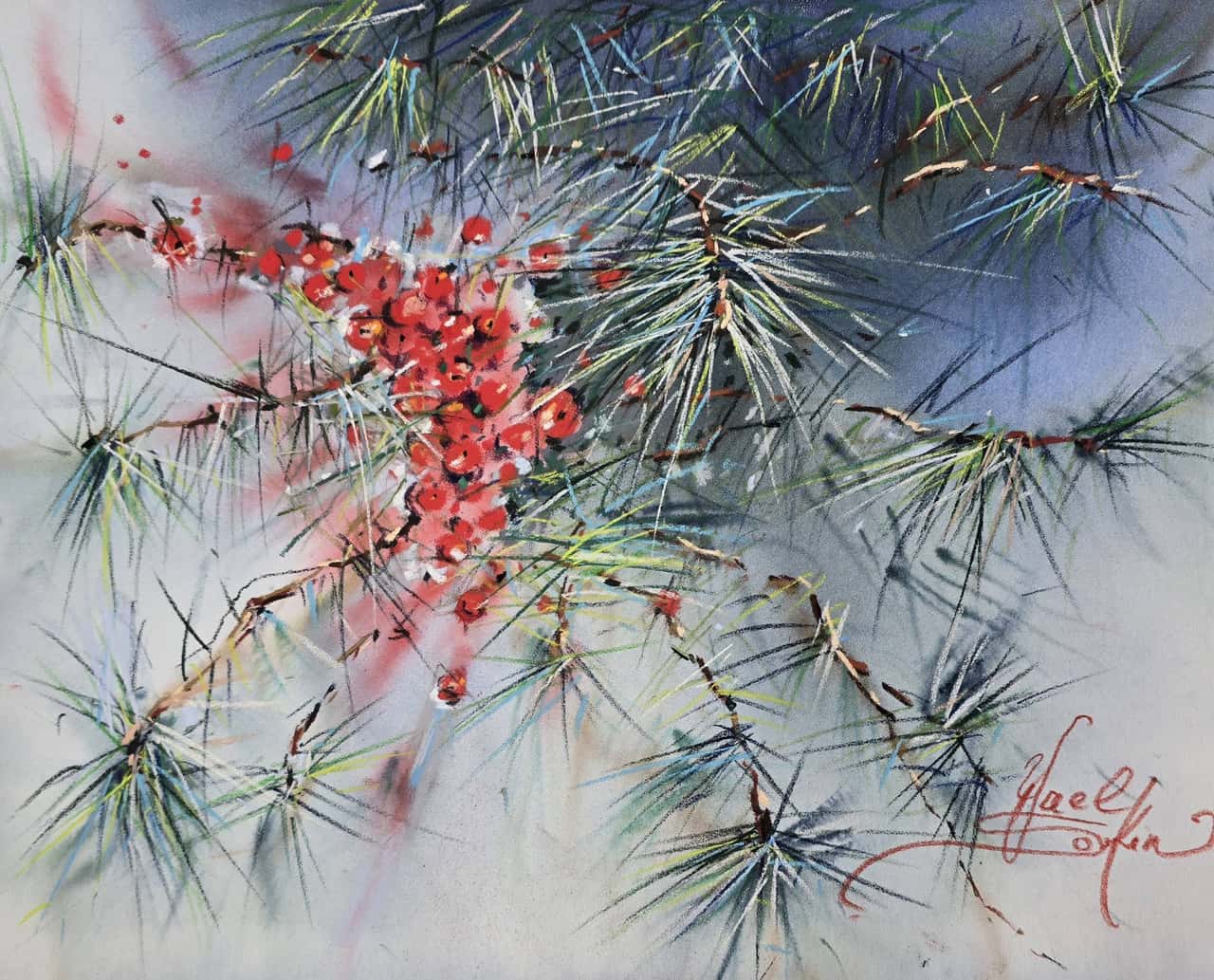 Pine Branch with Red Berries - Original Mixed Media Botanical Painting