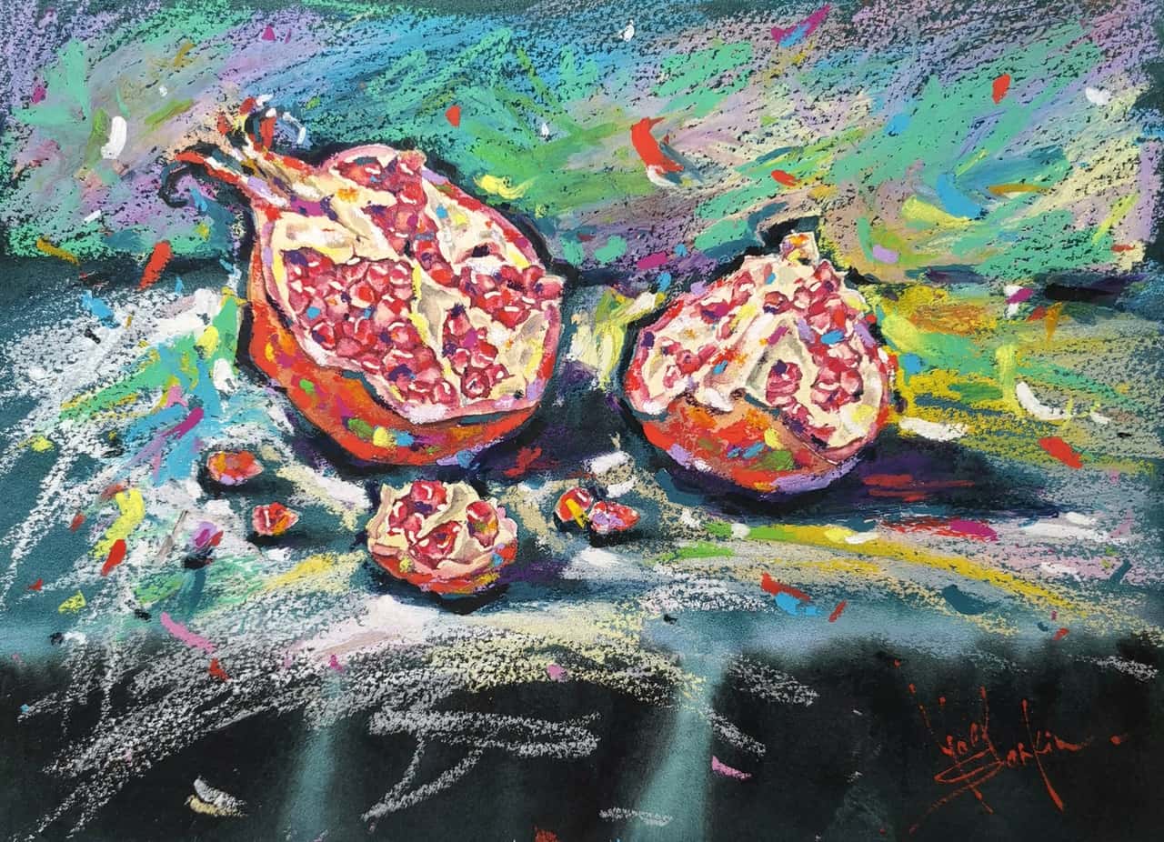 Original Mixed Media Pomegranates Painting - Fruit Still Life Wall Art
