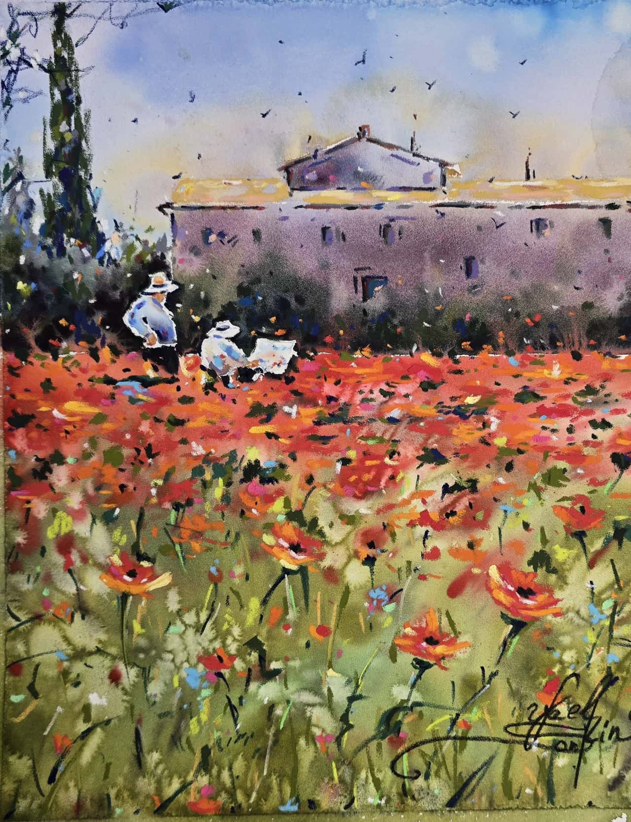 Poppy Field Mixed Media Painting - Original French Countryside Wall Art