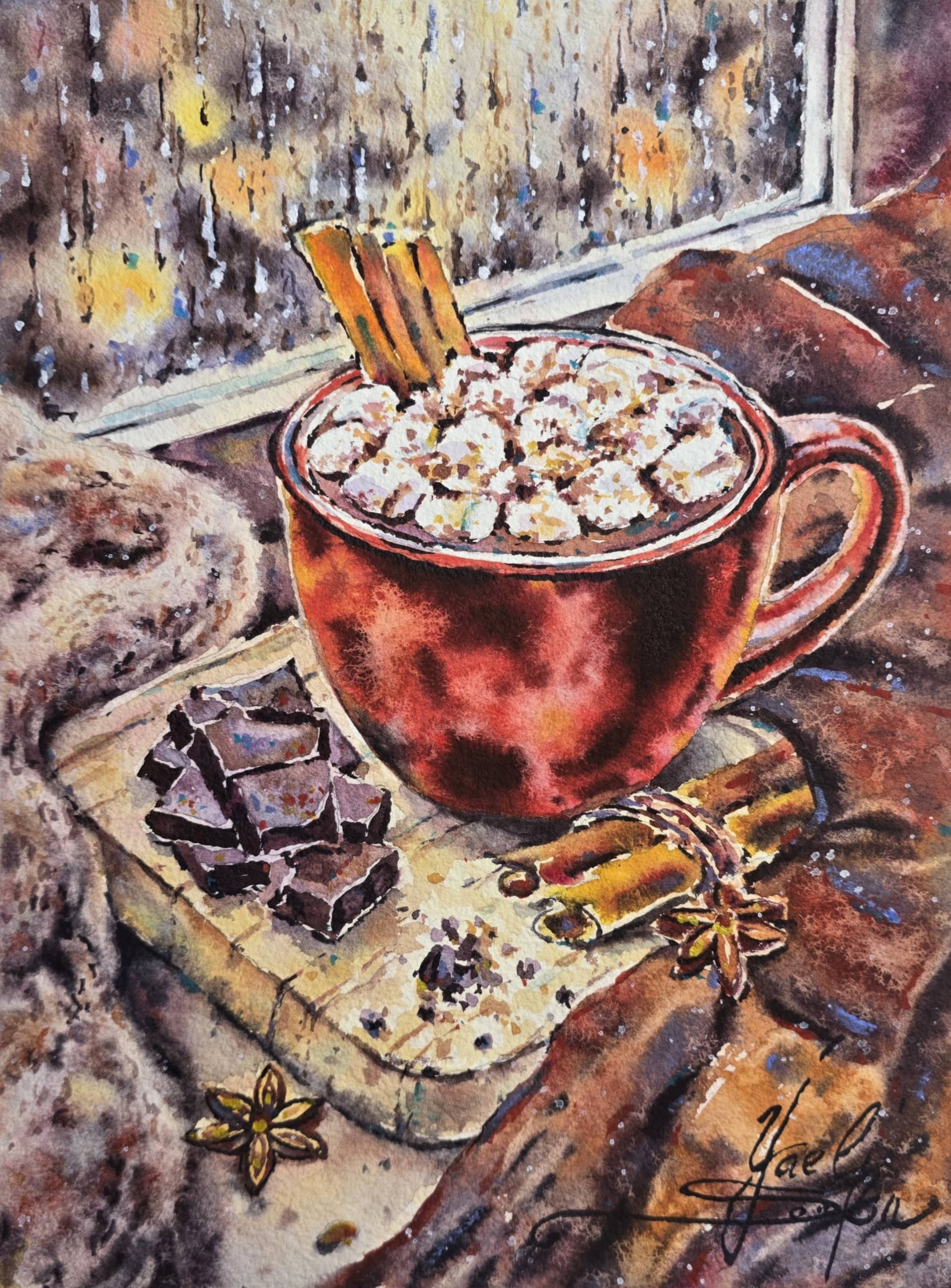 Original watercolor painting of hot cocoa with marshmallows, cinnamon sticks and chocolate on a cozy rainy day