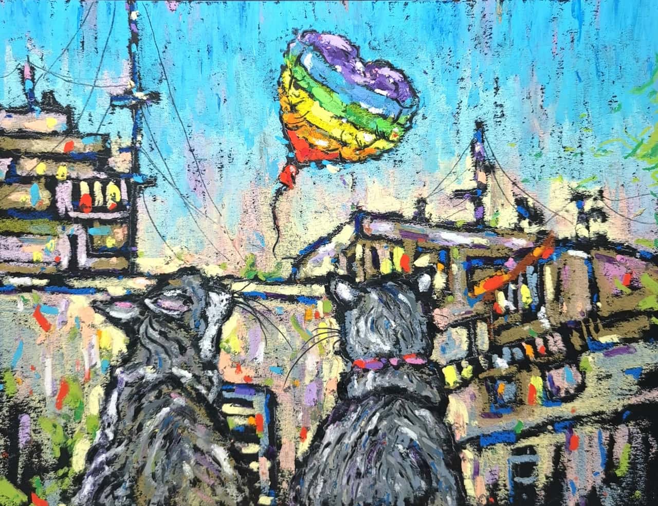 Original Oil Pastel Rainbow Heat & Cats Painting - Cityscape Wall Art