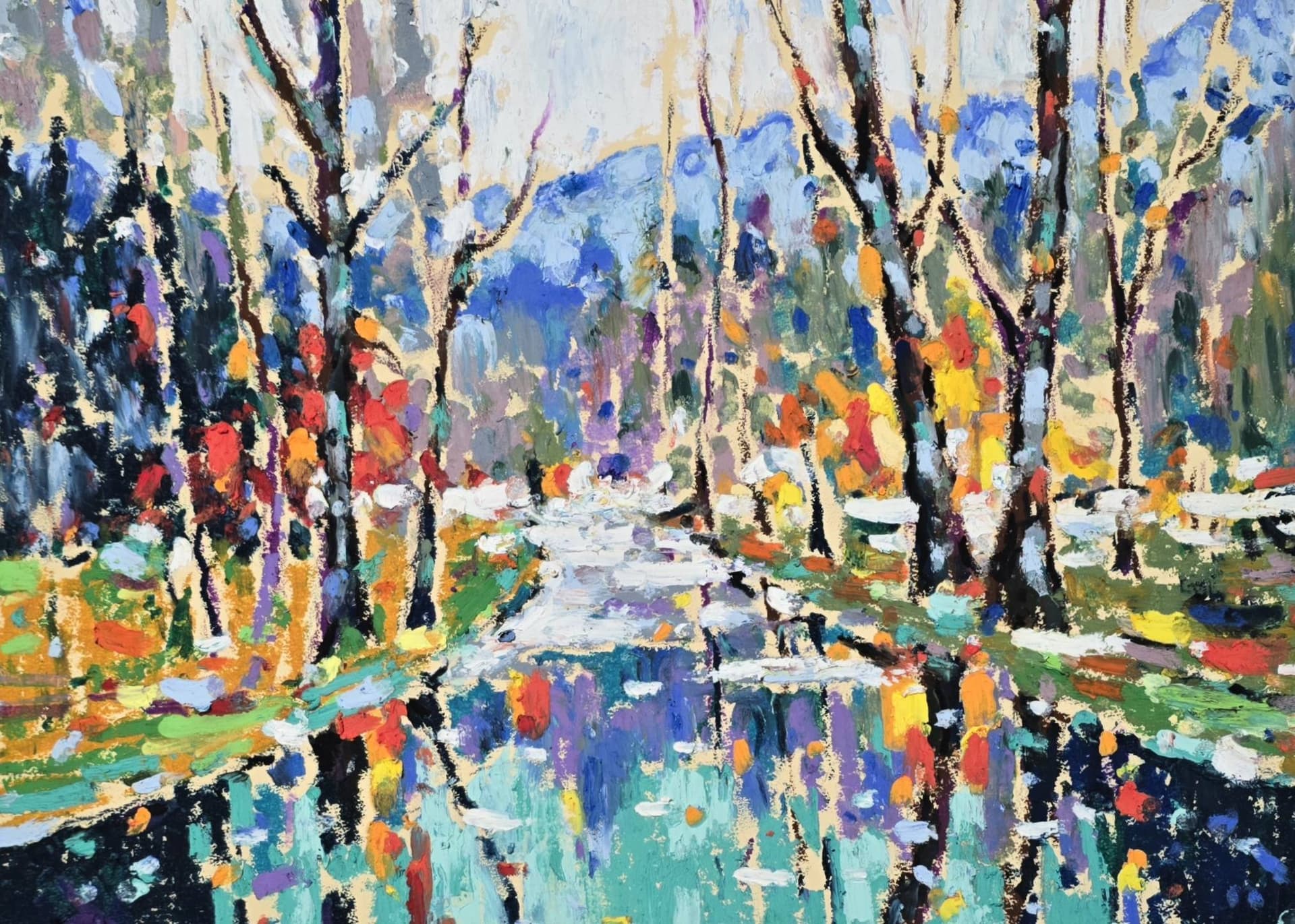 Original oil pastel painting by Yael Natali - colorful autumn forest with river reflections, impressionist landscape art on paper, 9x12 inches