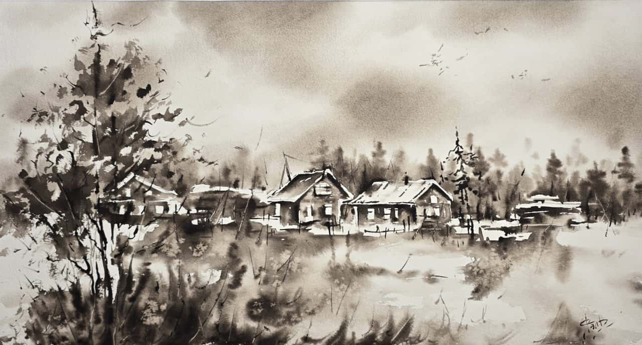Monochrome Winter Landscape Wall Art - Rustic Village Scene in Watercolor