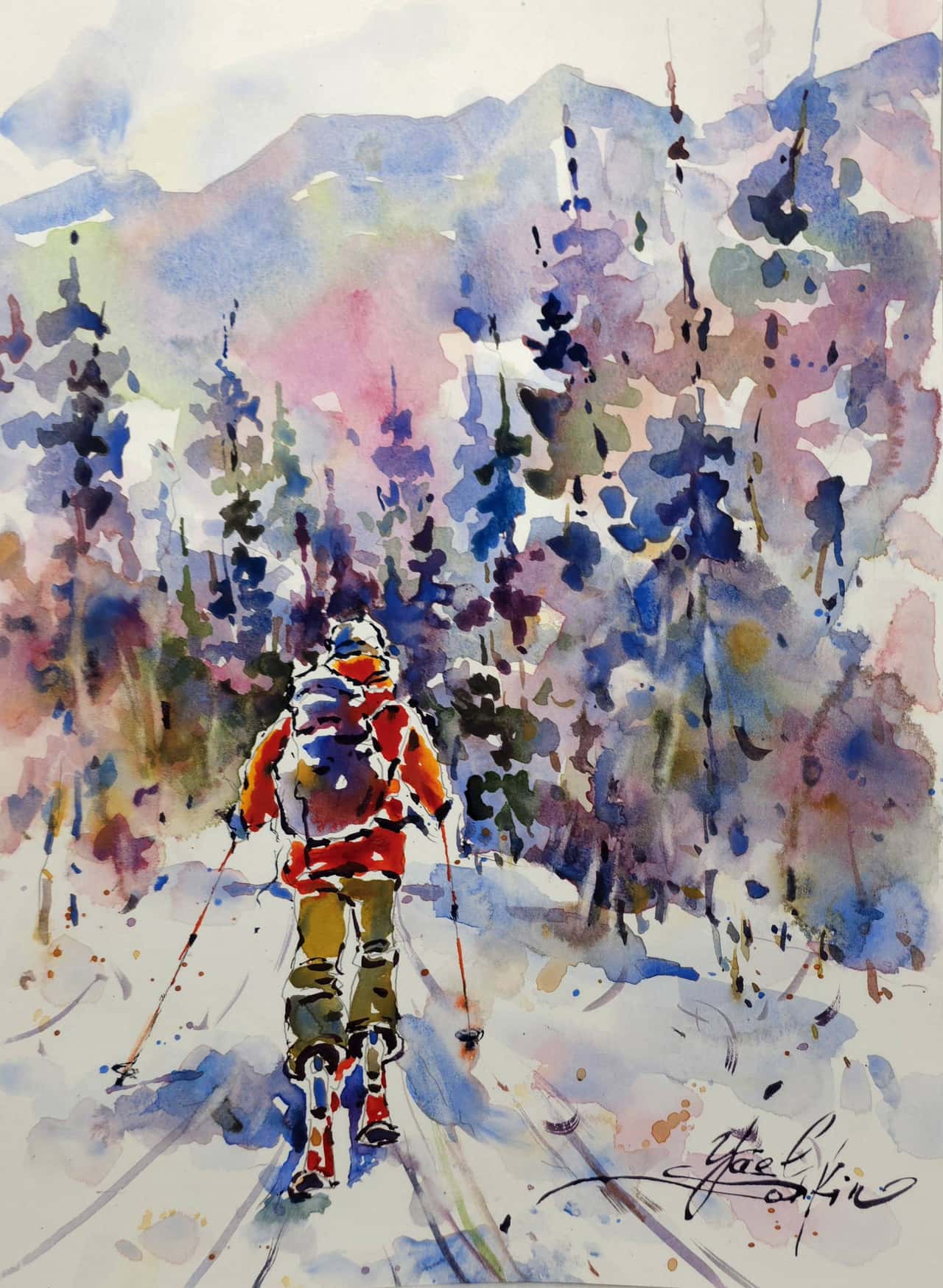 Original Watercolor Painting of Skier in Mountains - Winter Landscape Wall Art
