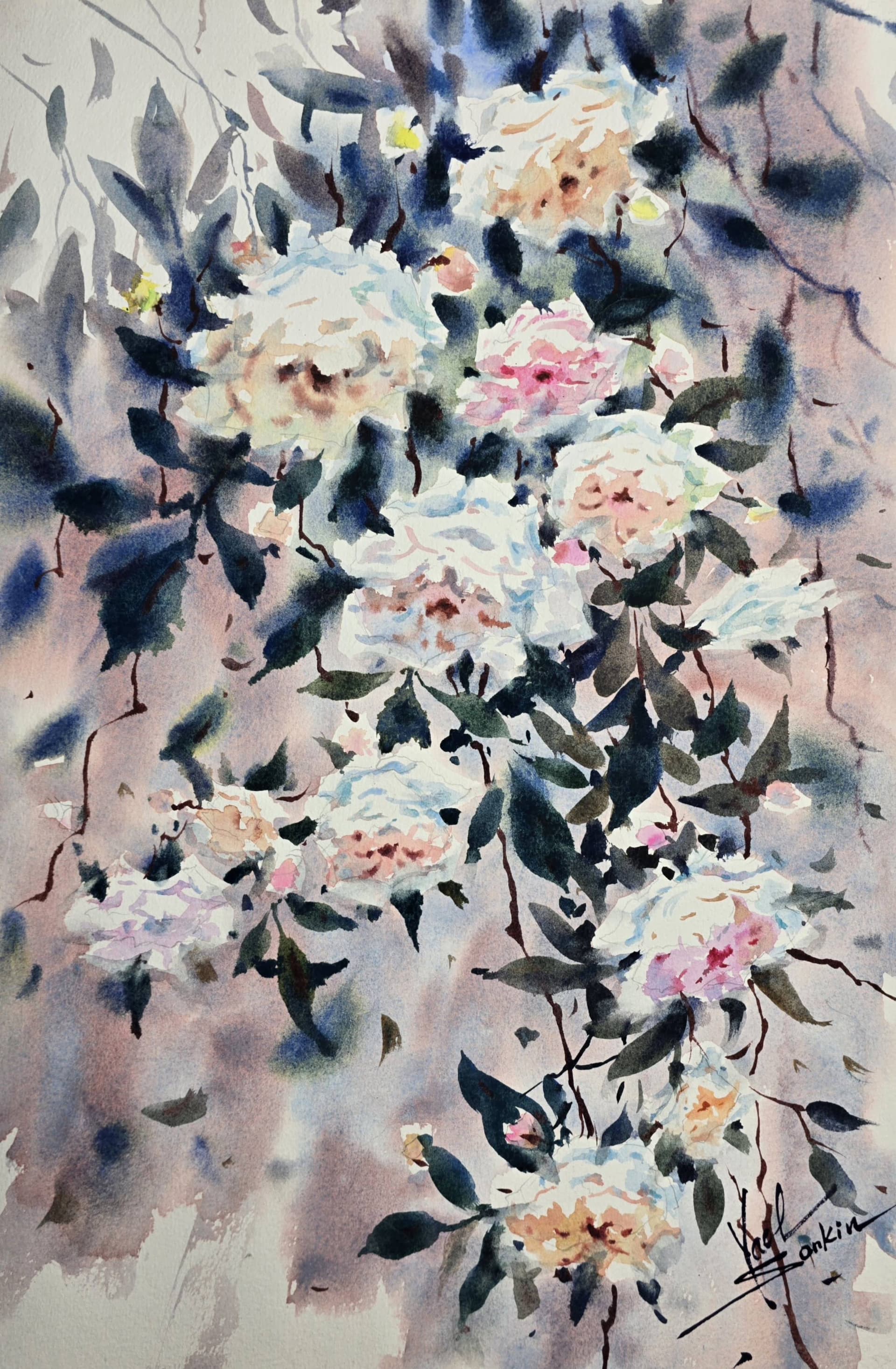 Original watercolor painting of soft white roses, expressive floral art on paper