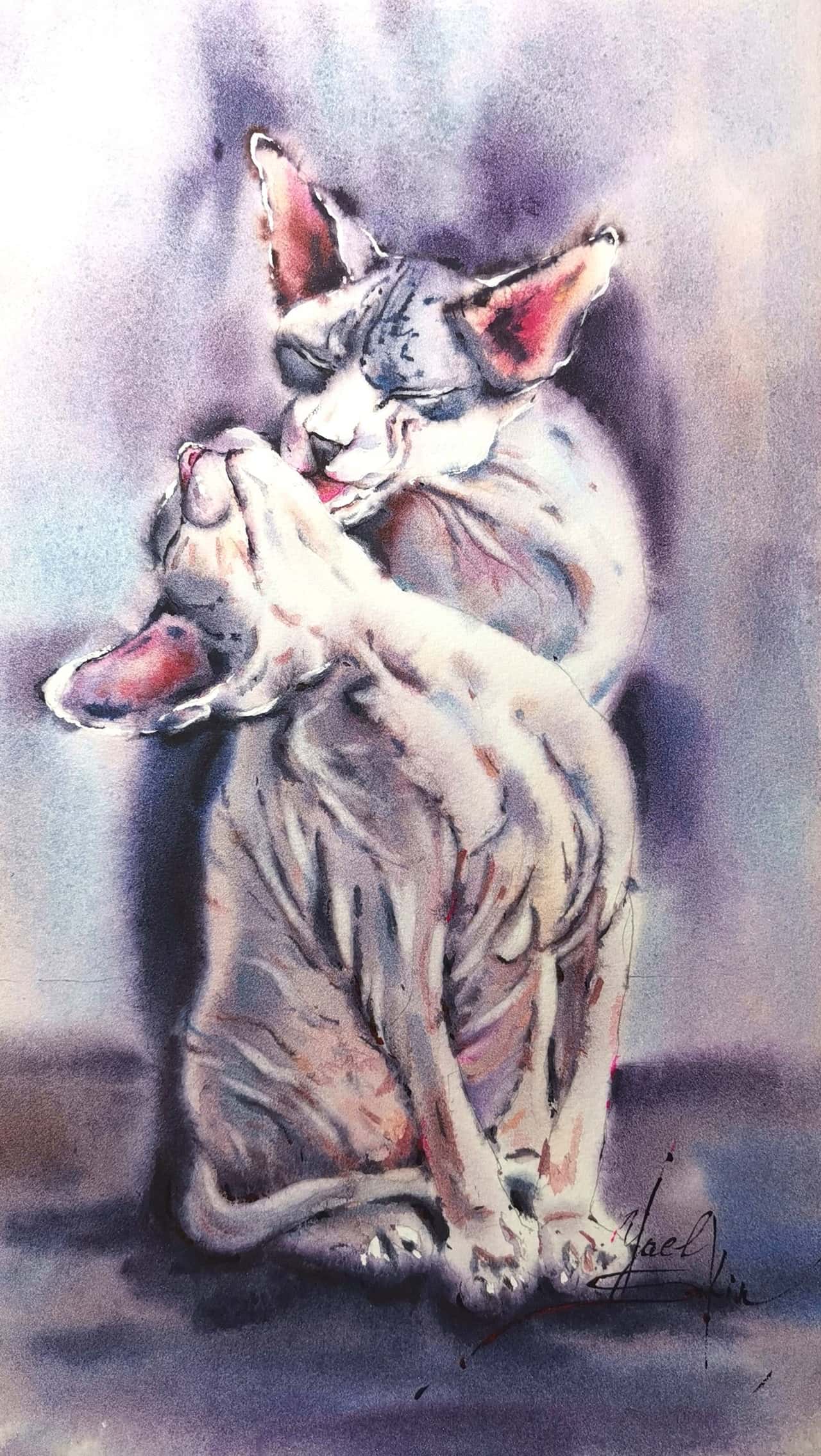 original watercolor painting of two Sphynx cats grooming each other, tender feline love artwork by Yael Natali in soft purple and gray tones