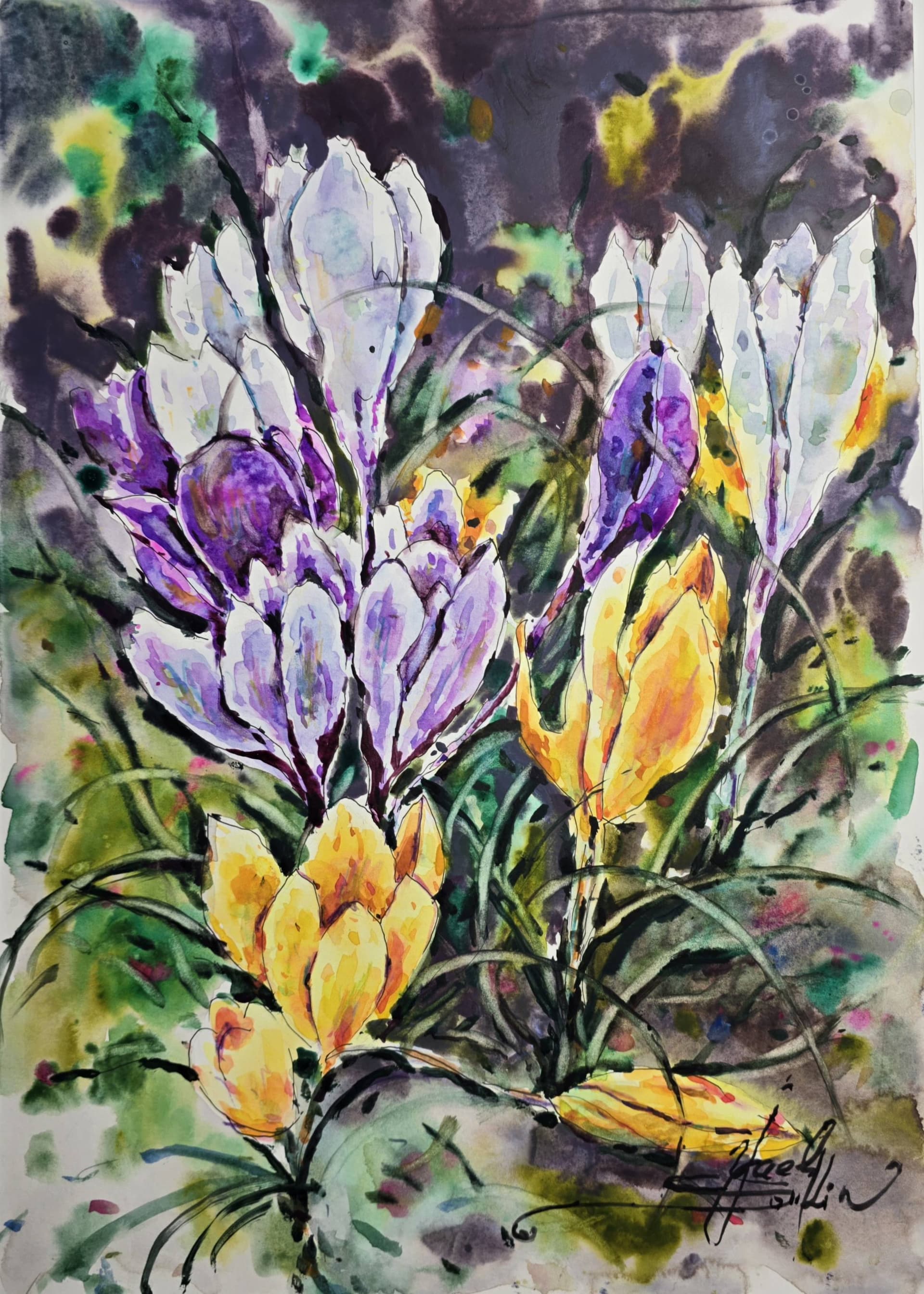 original watercolor painting of white chrysanthemums on red background, expressive floral botanical artwork titled “White on Red”, signed by artist Yael Natali