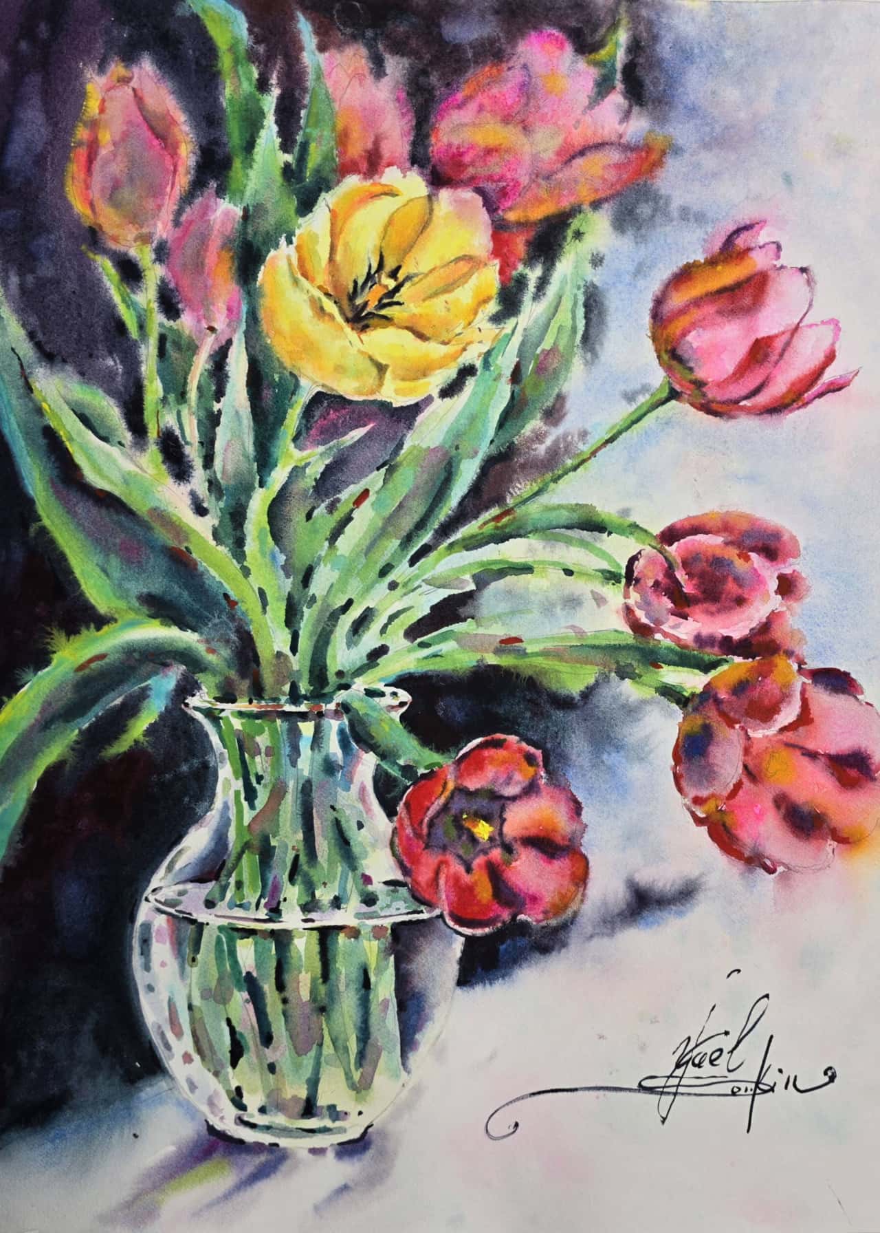 original watercolor painting of pink and yellow tulips in a glass vase, expressive floral artwork with vibrant spring flowers, contemporary botanical watercolor signed by artist Yael Natali