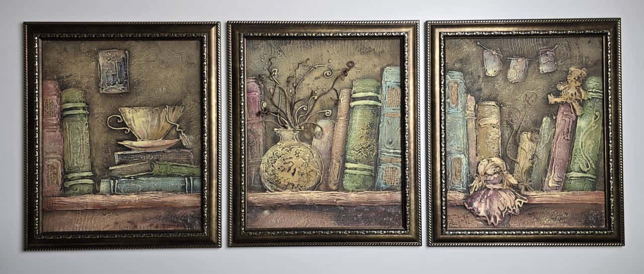 Framed Wall Art for Living Room, Vintage Bookshelf Triptych, Mixed Media Painting