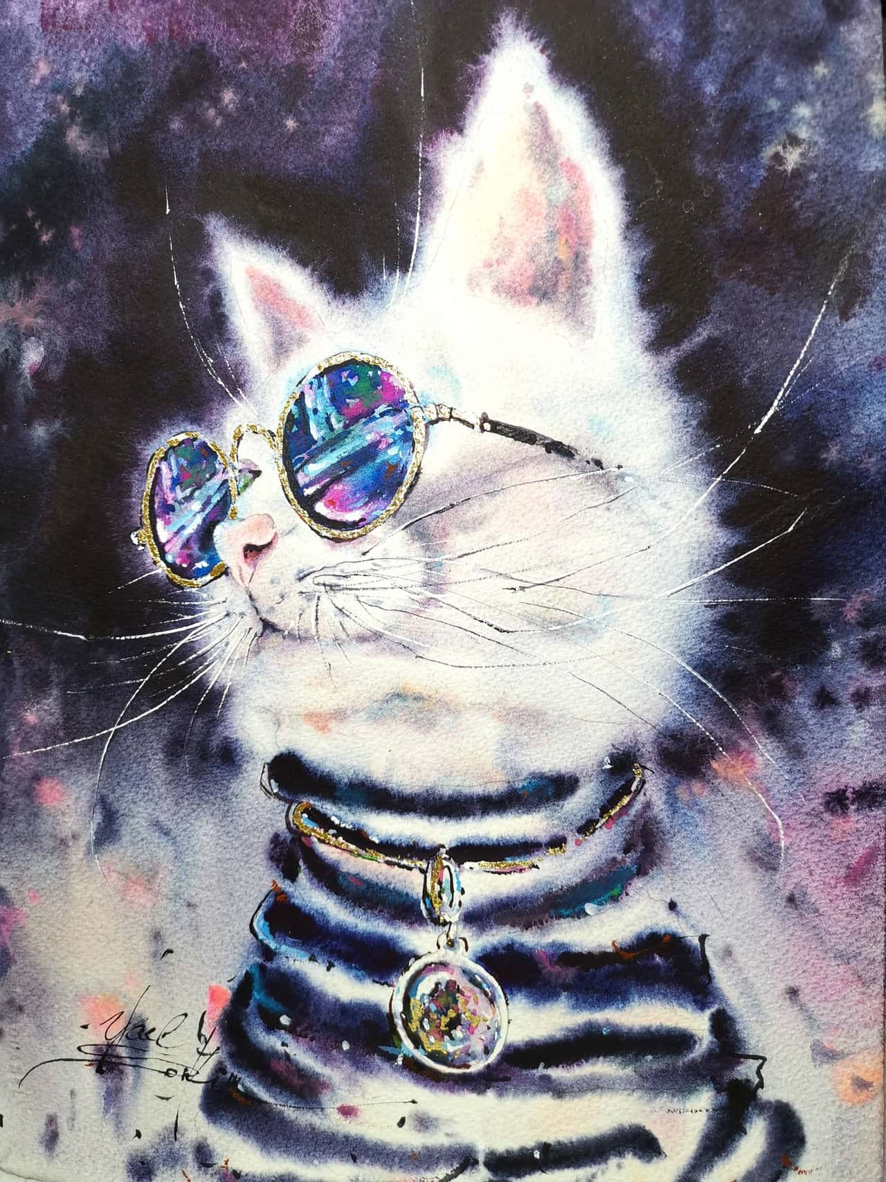Original Stylish White Cat Painting - Modern Glamour Cool Wall Art