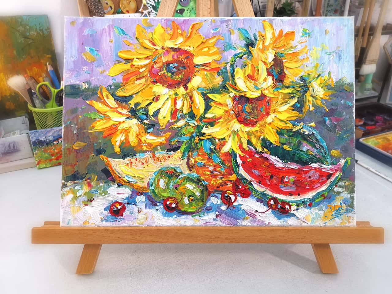 Sunflowers and Fruit Still Life Wall Art - Original Impasto Oil Painting on Canvas