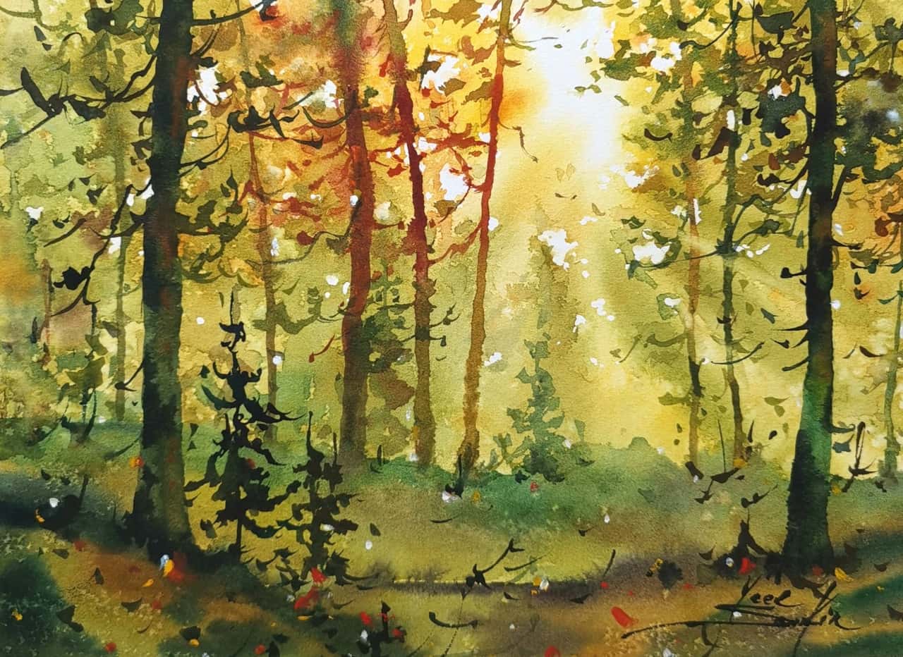 Original Watercolor Forest Landscape - Sunlight and Trees Wall Art