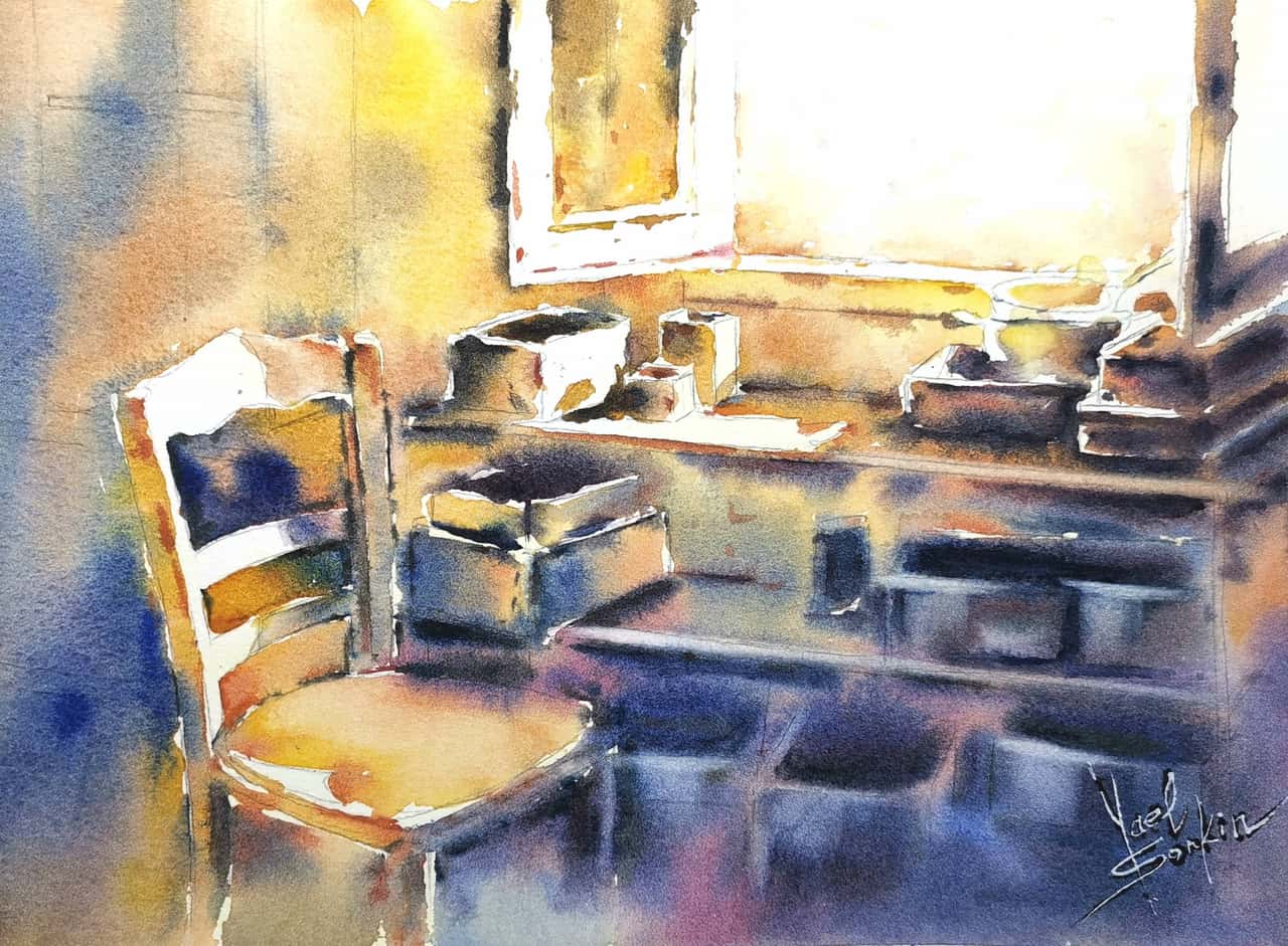 Original Watercolor Sunlit Morning Interior Scene Painting - Sunlight Wall Art