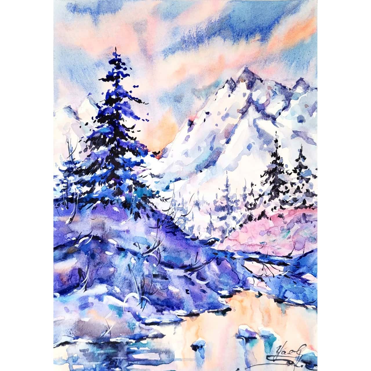 Original Watercolor Winter Mountains Landscape Painting - Snowy Aips Scenery Wall Art