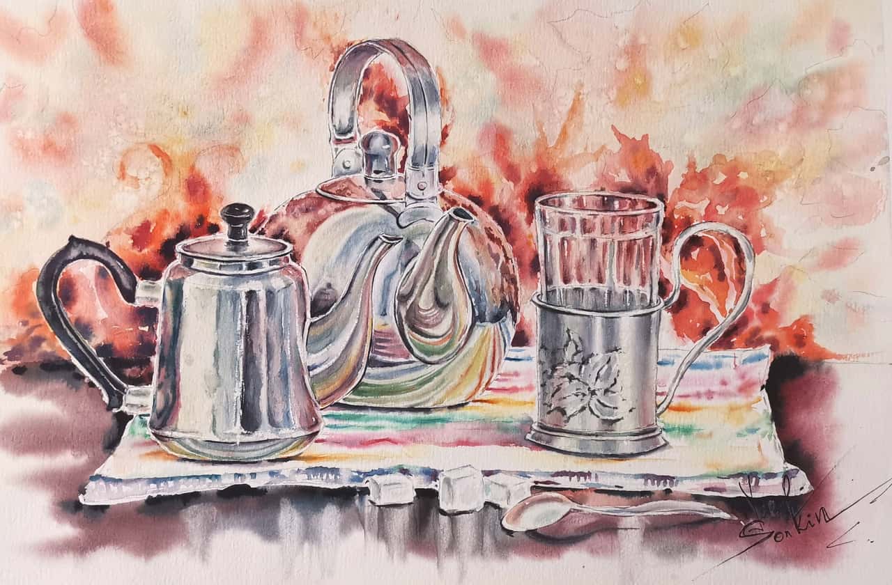watercolor still life of teapot and ornate glass holder, traditional tea ritual painting, kitchen wall art