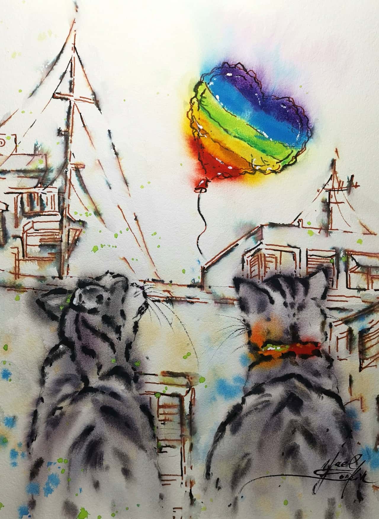 Original Watercolor Cats and Rainbow Heart Ballon Painting - Urban Sketch Wall Art