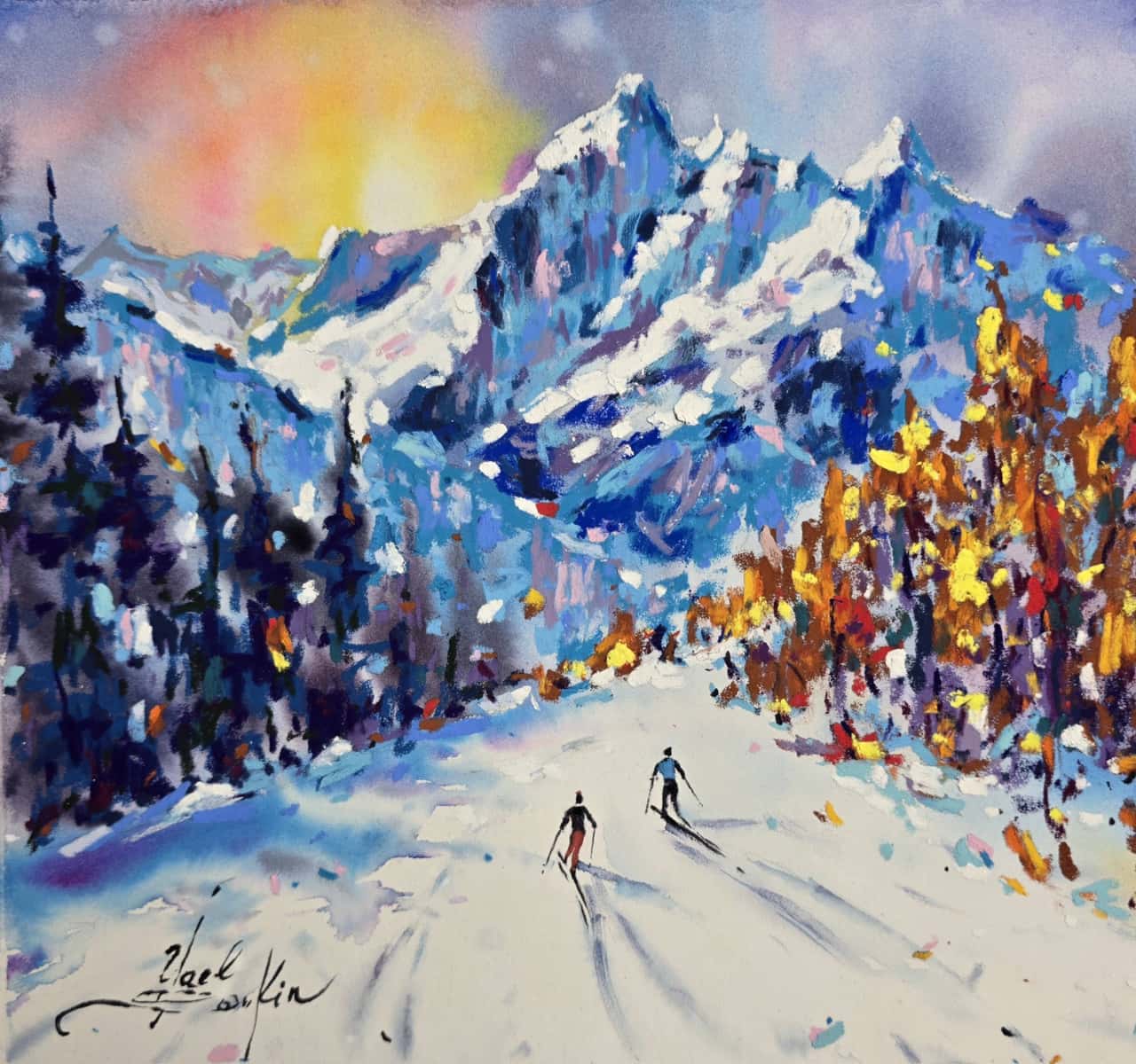 Original Mixed Media Skiing Painting - Winter Landscape Wall Art